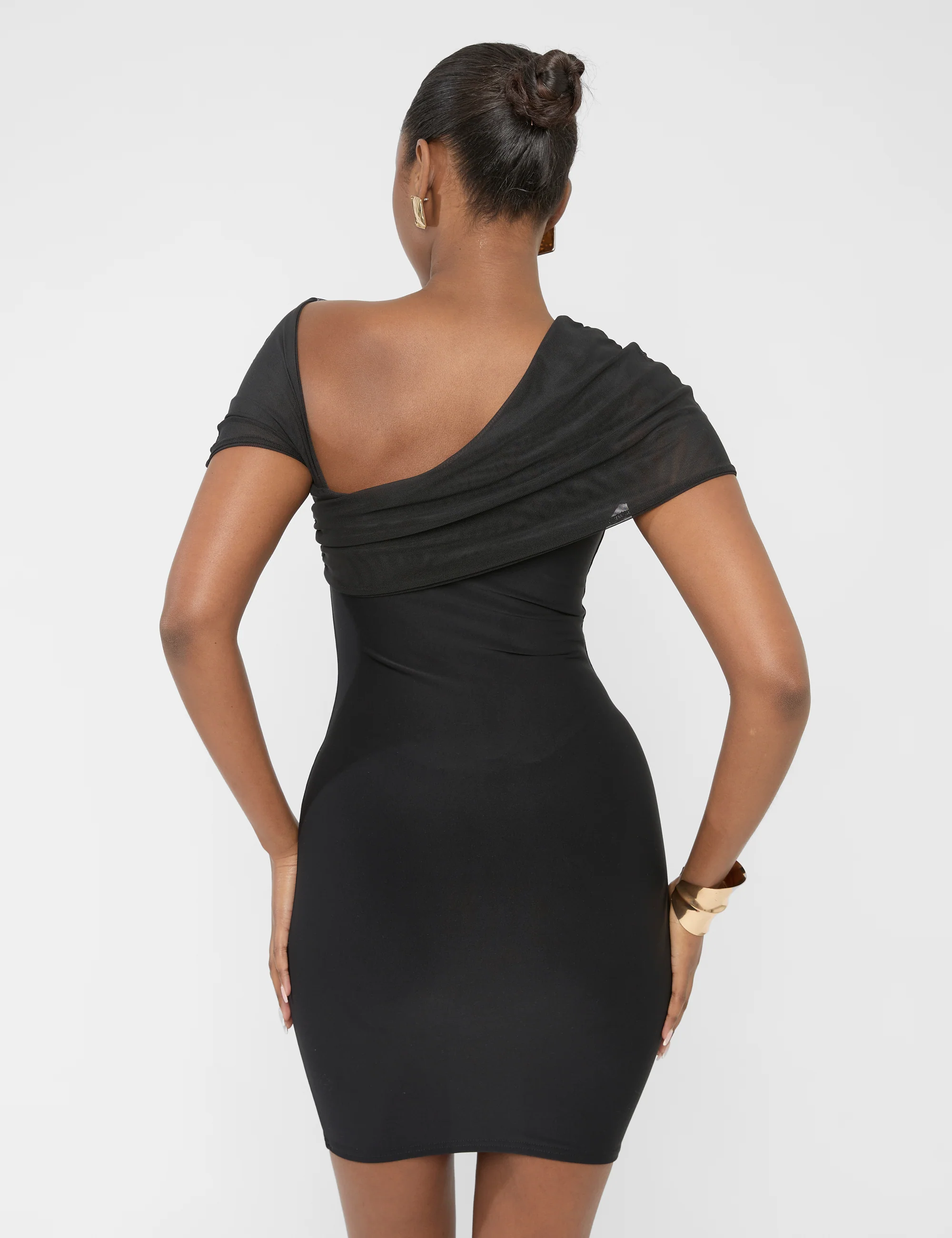 Mesh Sleeve Slinky Cut Out Mini Dress Black - Image 2