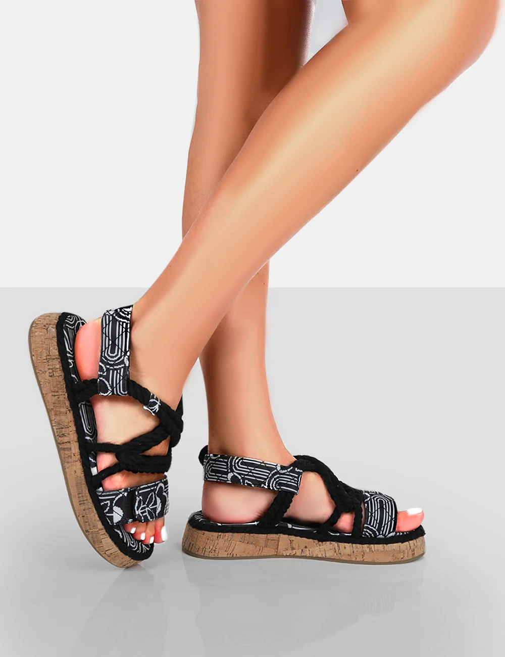 Miami Wide Fit Black Printed Rope Flatform Lace Up Sandals - Image 4