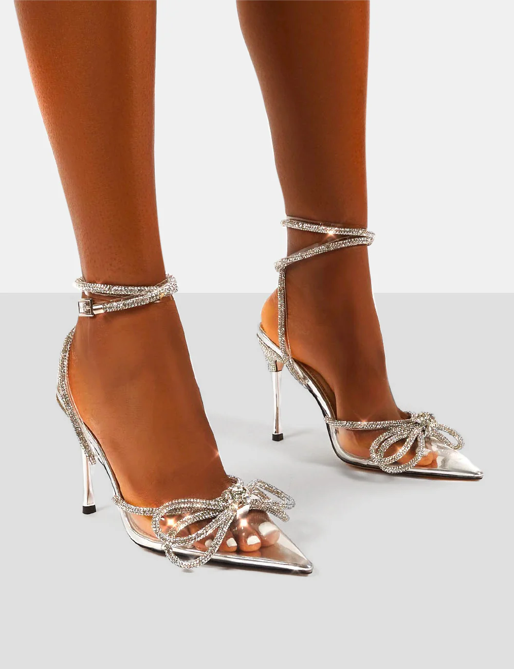 Midnight Clear Perspex Wrap Around Diamante Bow Pointed Toe High Heels - Image 8