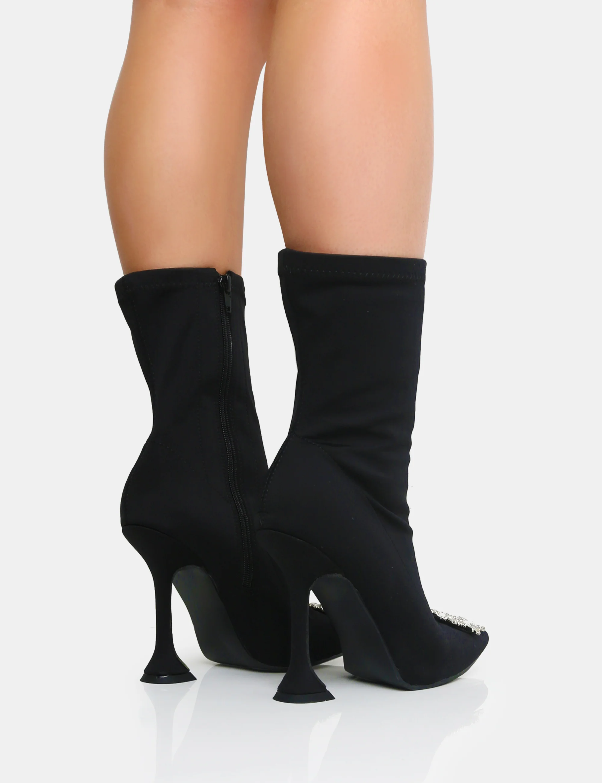 Modena Black Nylon Diamantie Broach Cake Stand Heel Sock Ankle Boot - Image 3