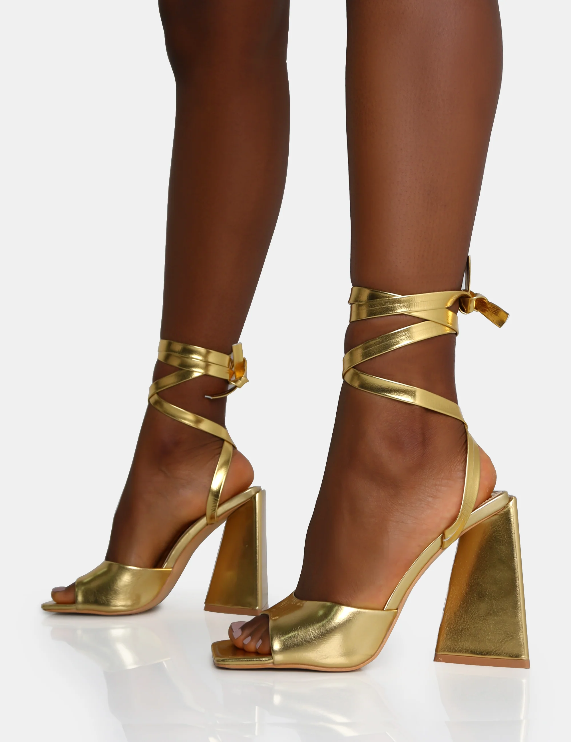 Mojito Gold Lace Up Pyramid Block Heels - Image 3