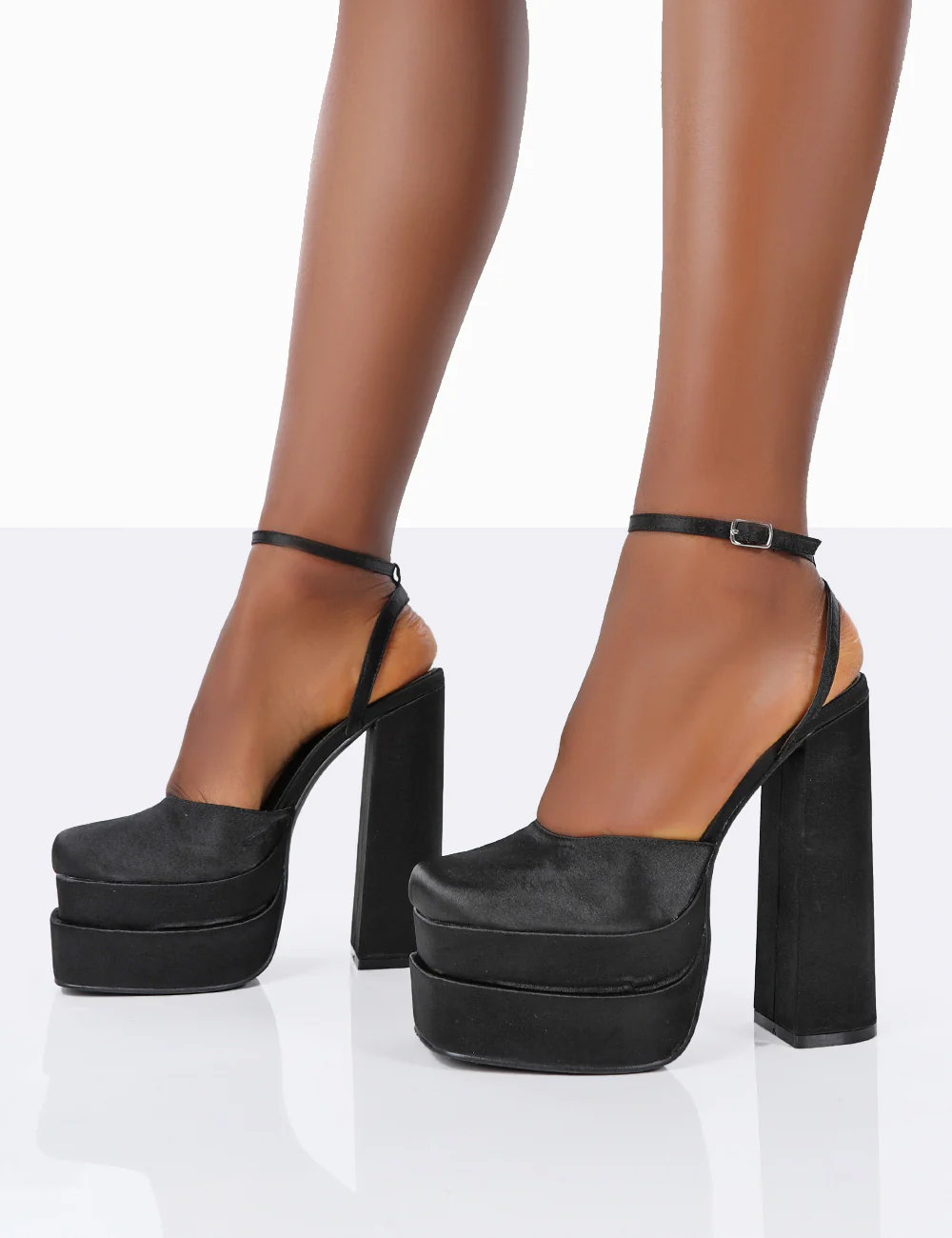 Moonchild Black Satin Closed Toe Statement Platform Block Heels - Image 3