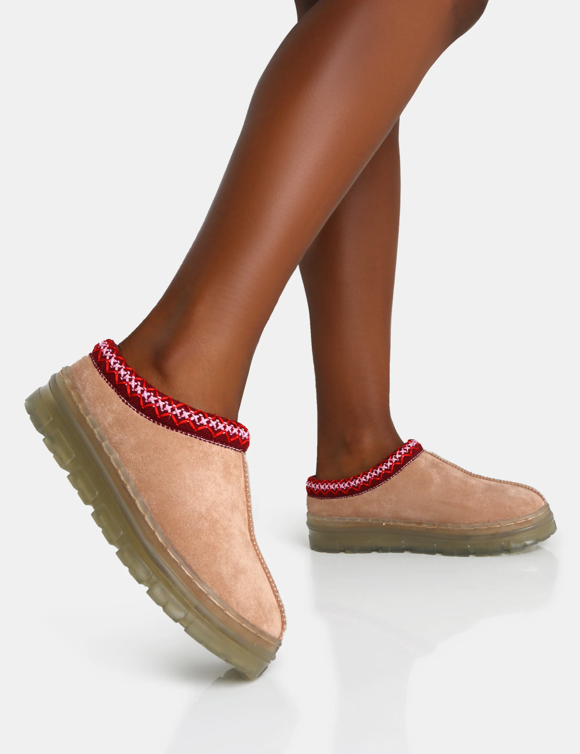 Nala Beige Faux Suede Embroidered Slipper Platform Boots - Image 4