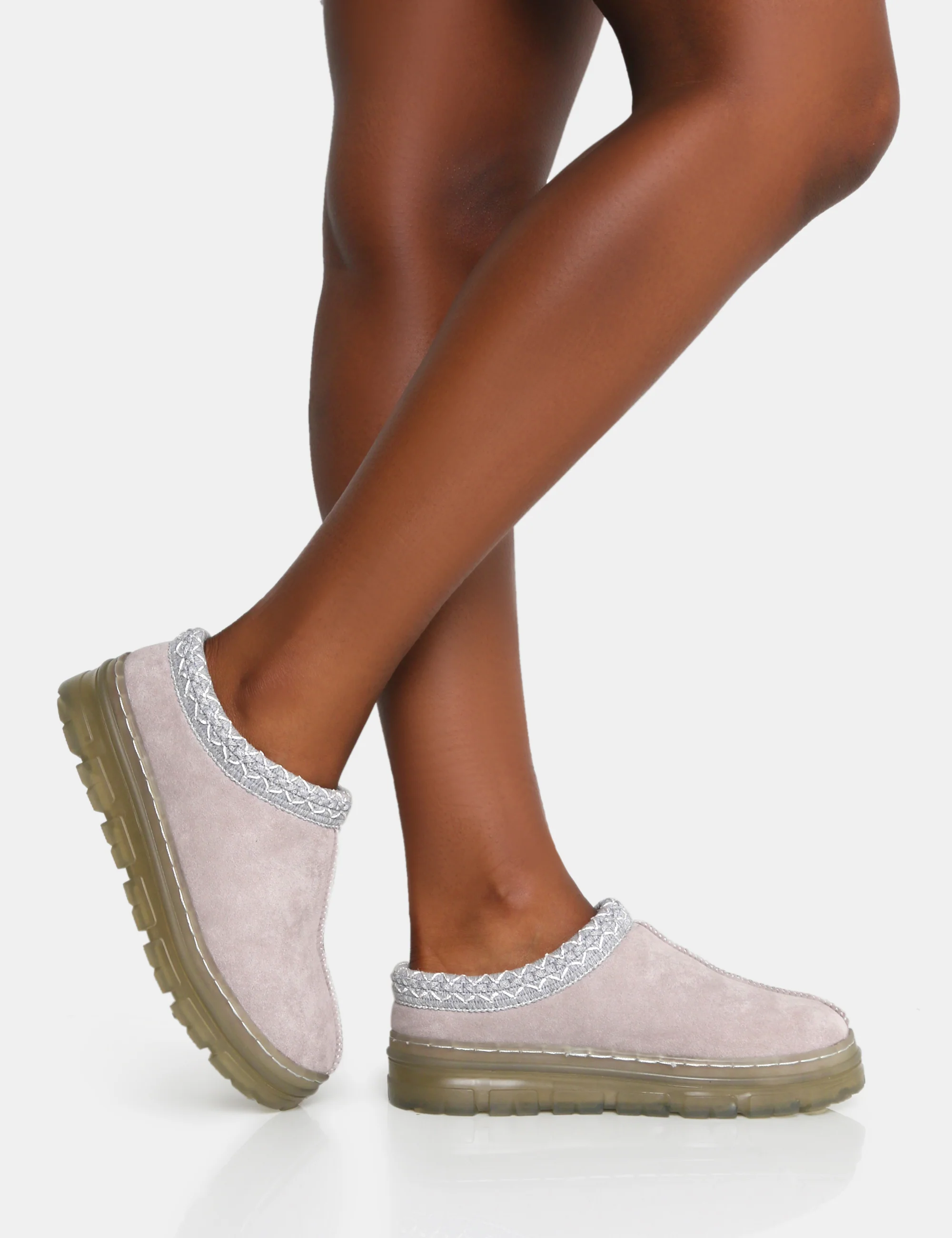 Nala Light Grey Faux Suede Embroidered Slipper Platform Boots - Image 3