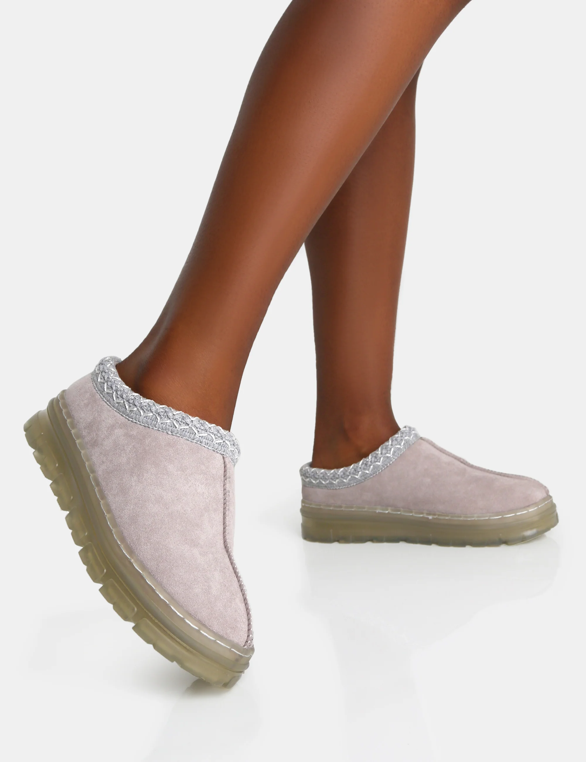Nala Light Grey Faux Suede Embroidered Slipper Platform Boots - Image 4