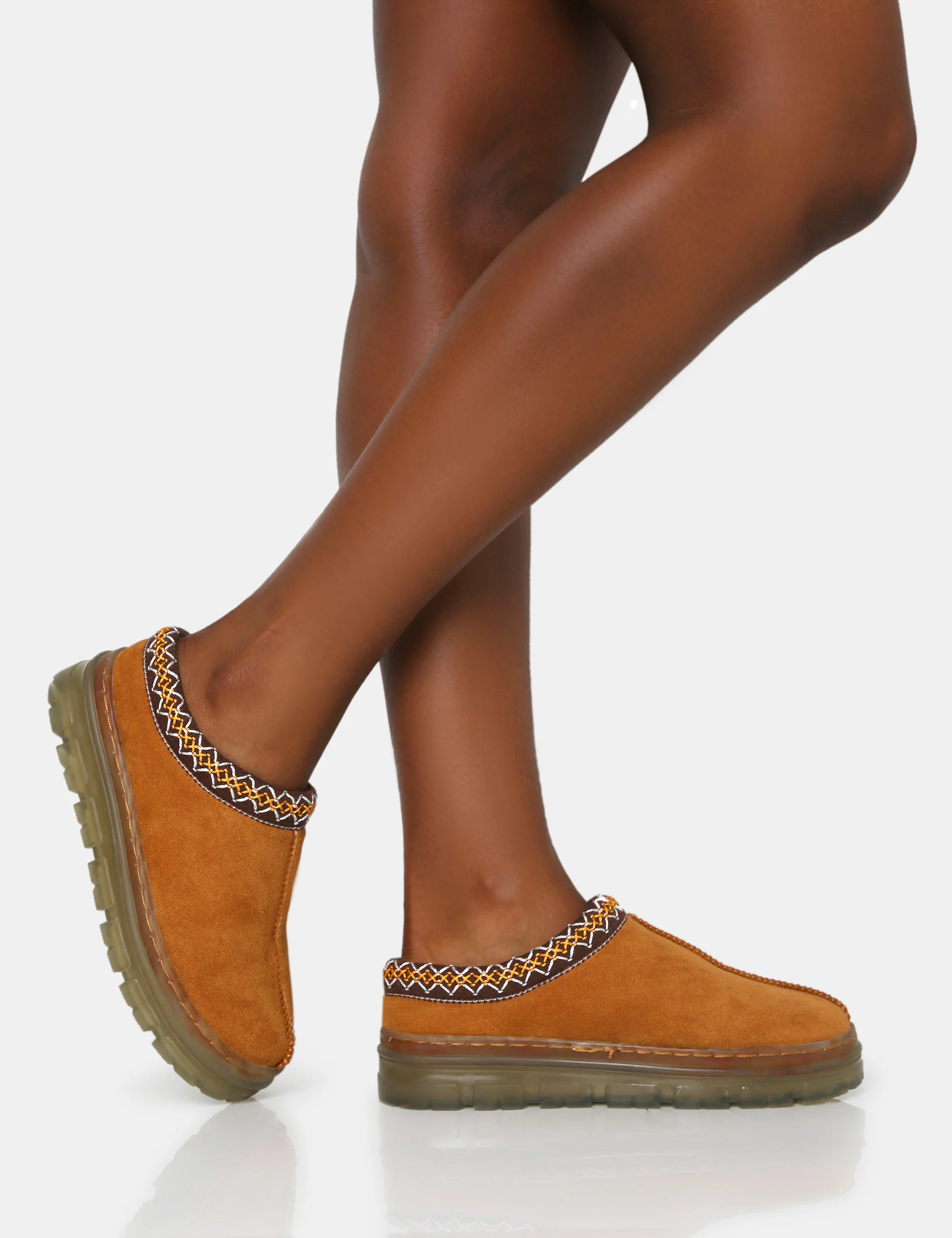 Nala Tan Faux Suede Embroidered Slipper Platform Boots - Image 3