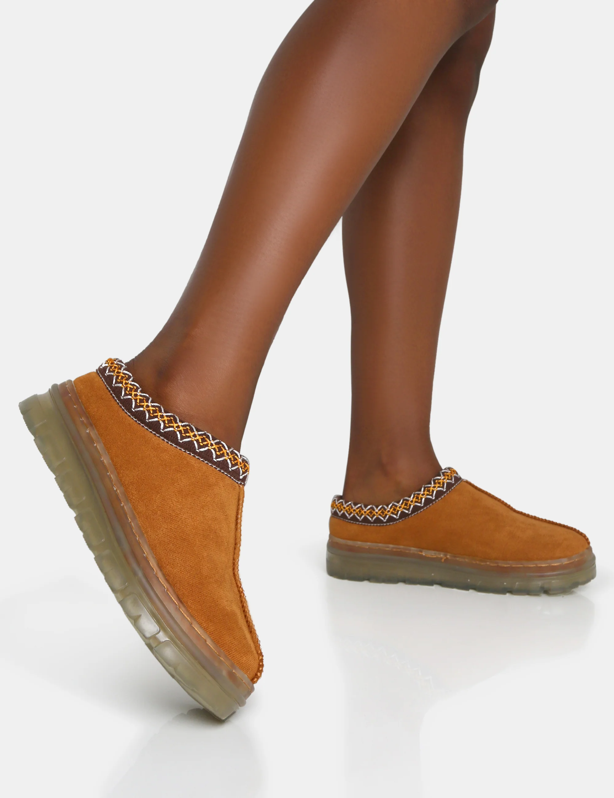 Nala Tan Faux Suede Embroidered Slipper Platform Boots - Image 4