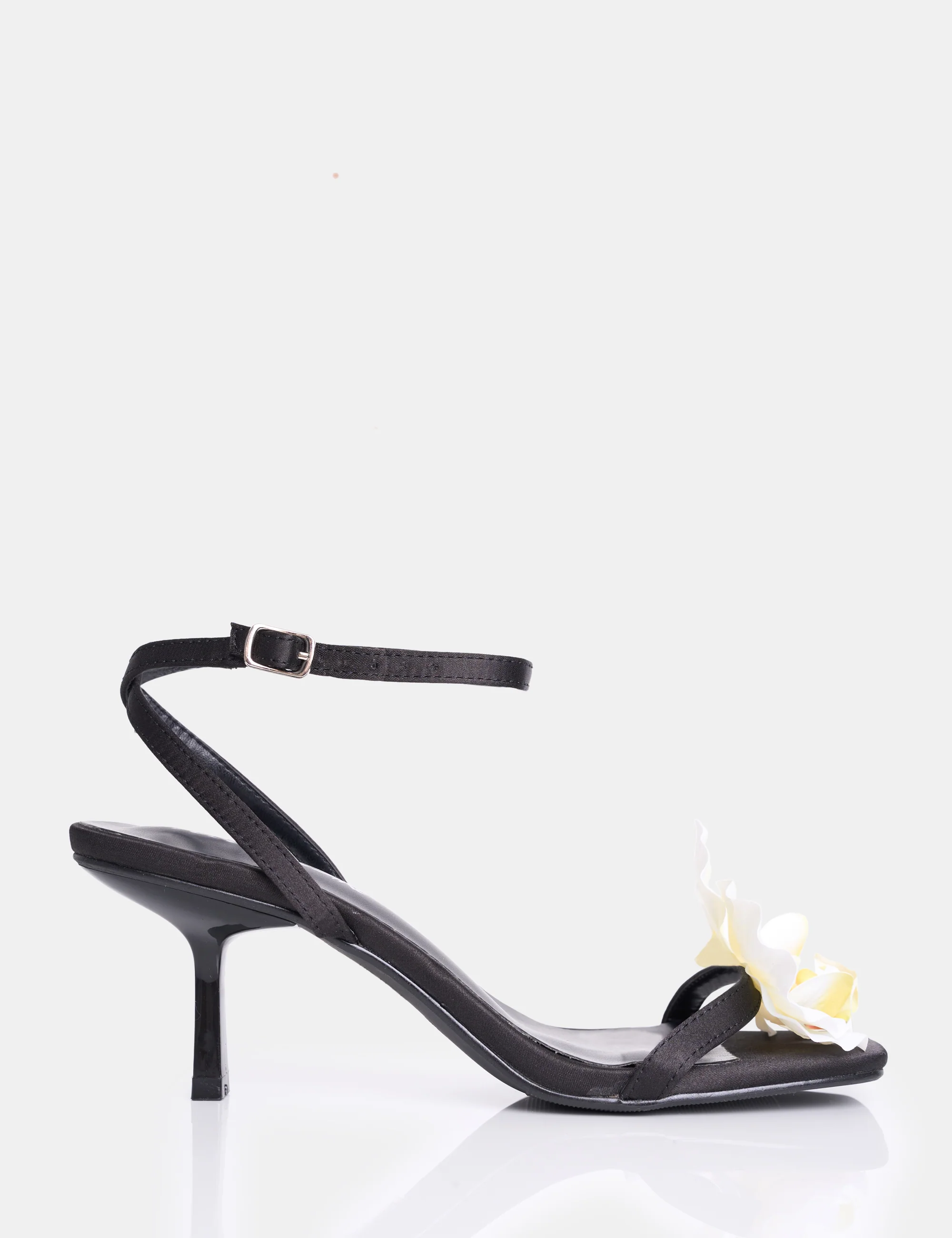 Nara Black Satin White Orchid Flower Square Toe Stiletto Mid Heels - Image 4
