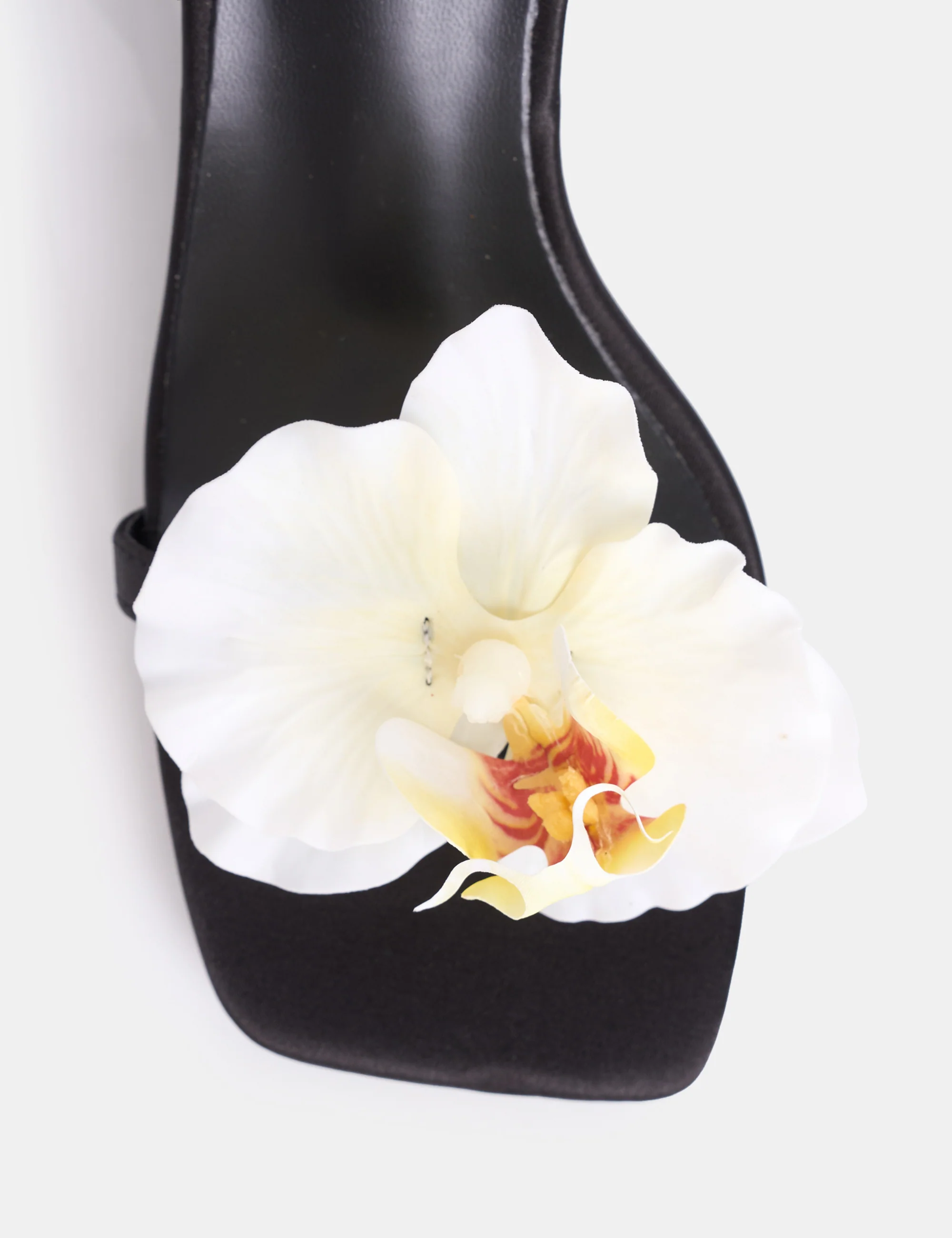 Nara Black Satin White Orchid Flower Square Toe Stiletto Mid Heels - Image 5