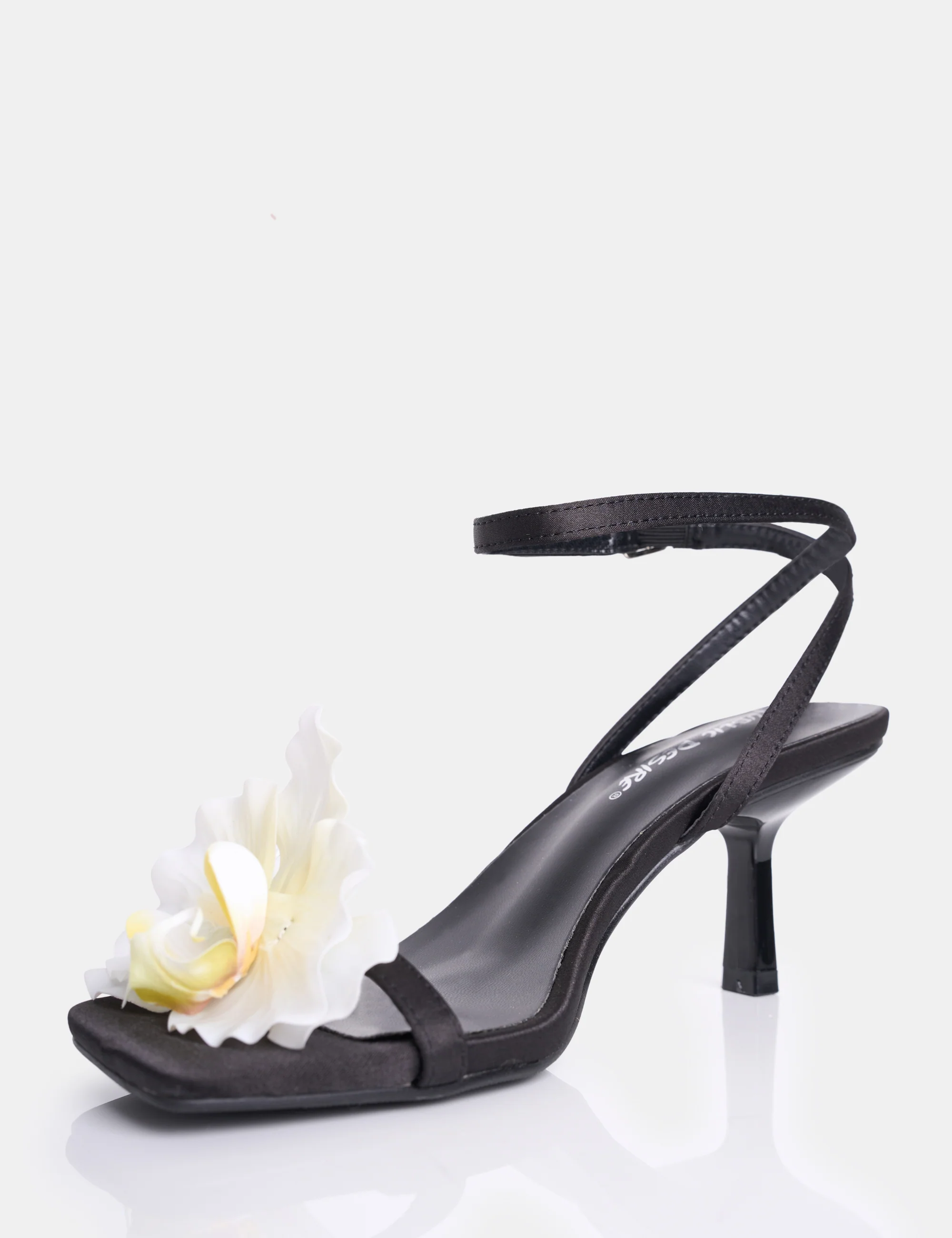 Nara Black Satin White Orchid Flower Square Toe Stiletto Mid Heels - Image 6