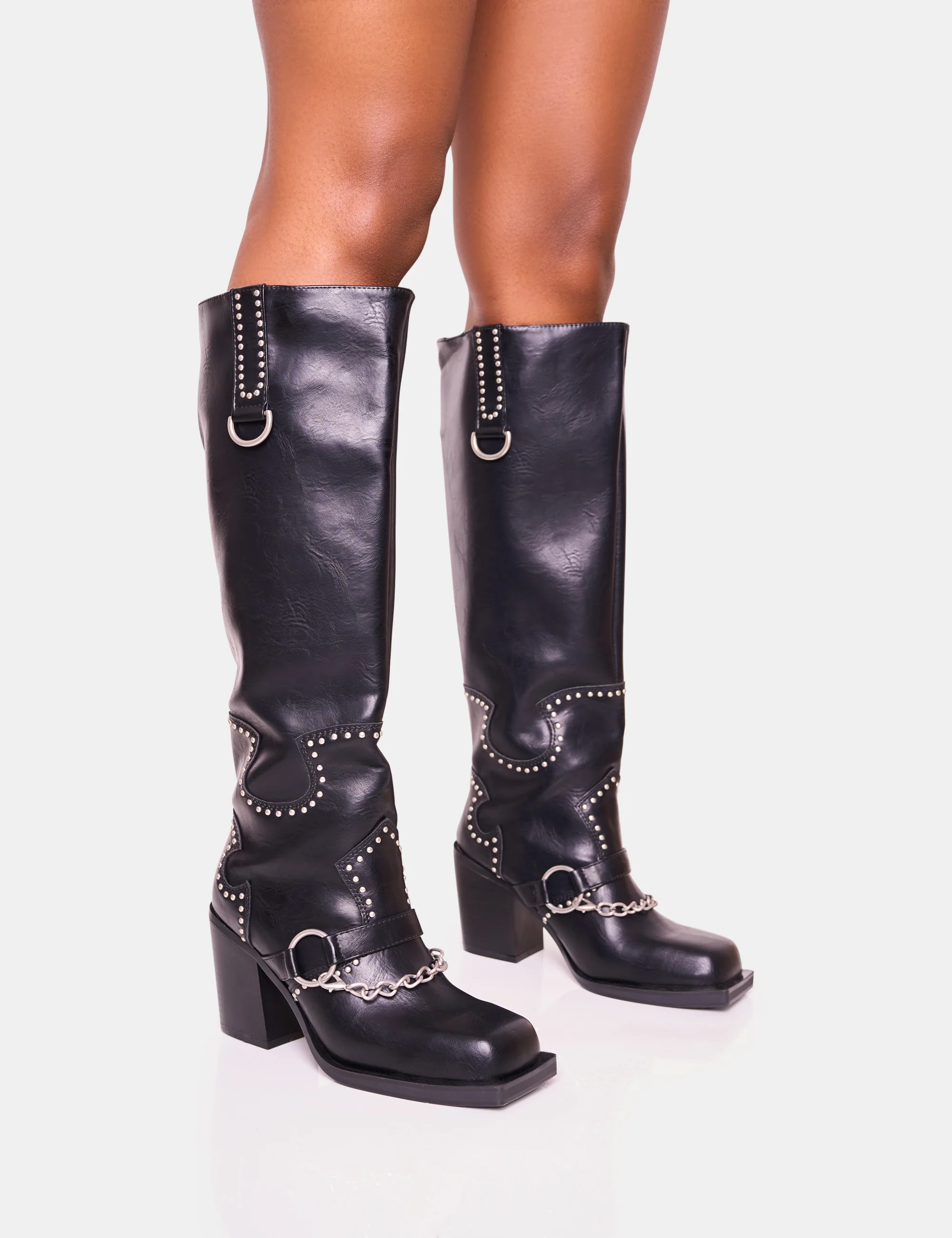 Nashville Black Western Studded Block Heel Knee High Boot - Image 6