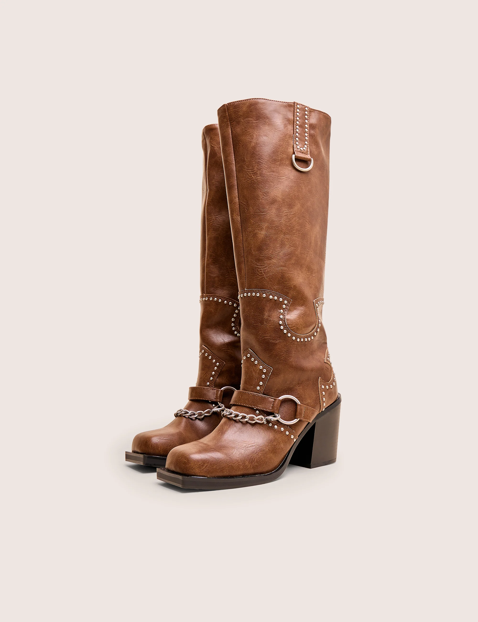 Nashville Vintage Brown Western Studded Block Heel Knee High Boot - Image 3