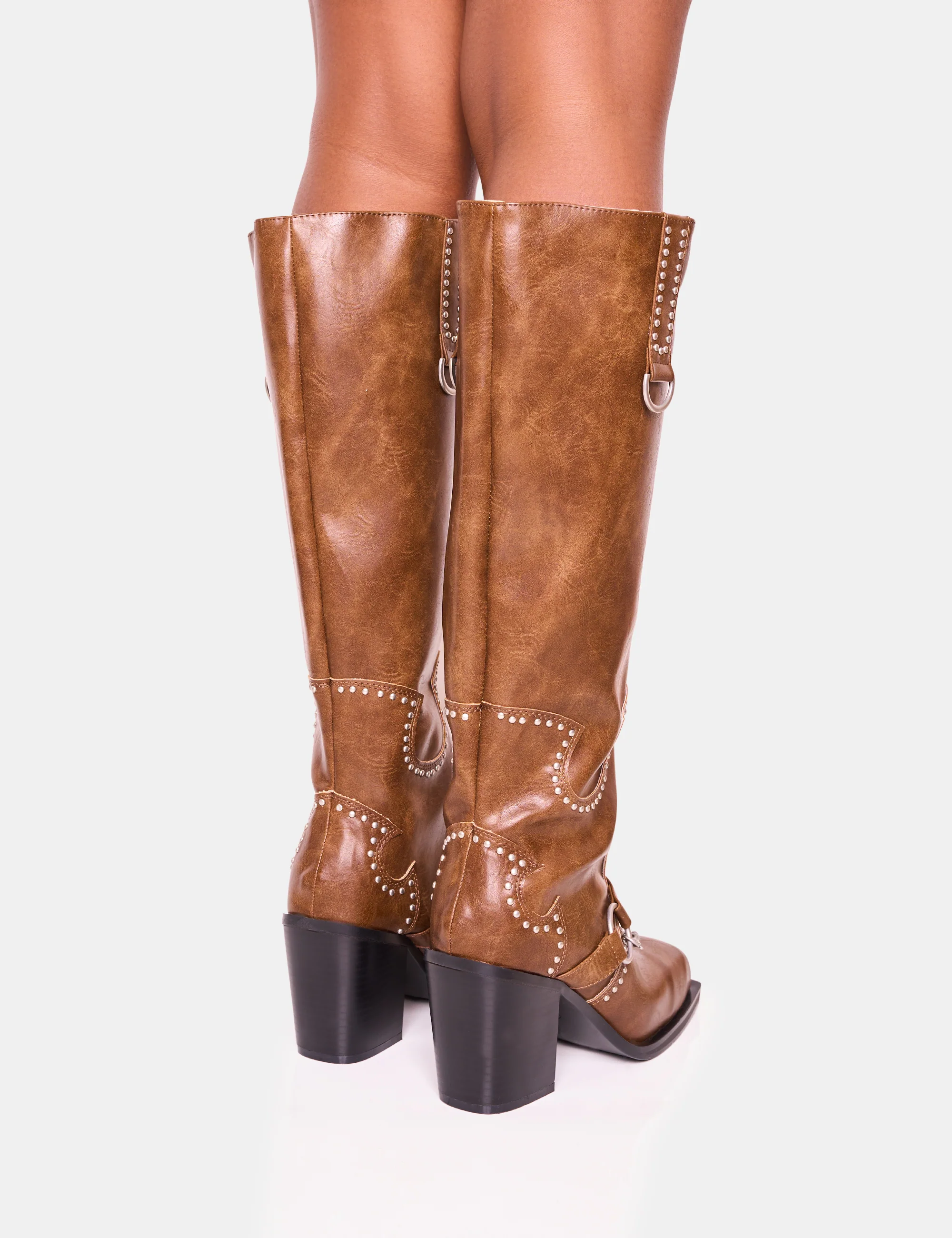 Nashville Vintage Brown Western Studded Block Heel Knee High Boot - Image 8