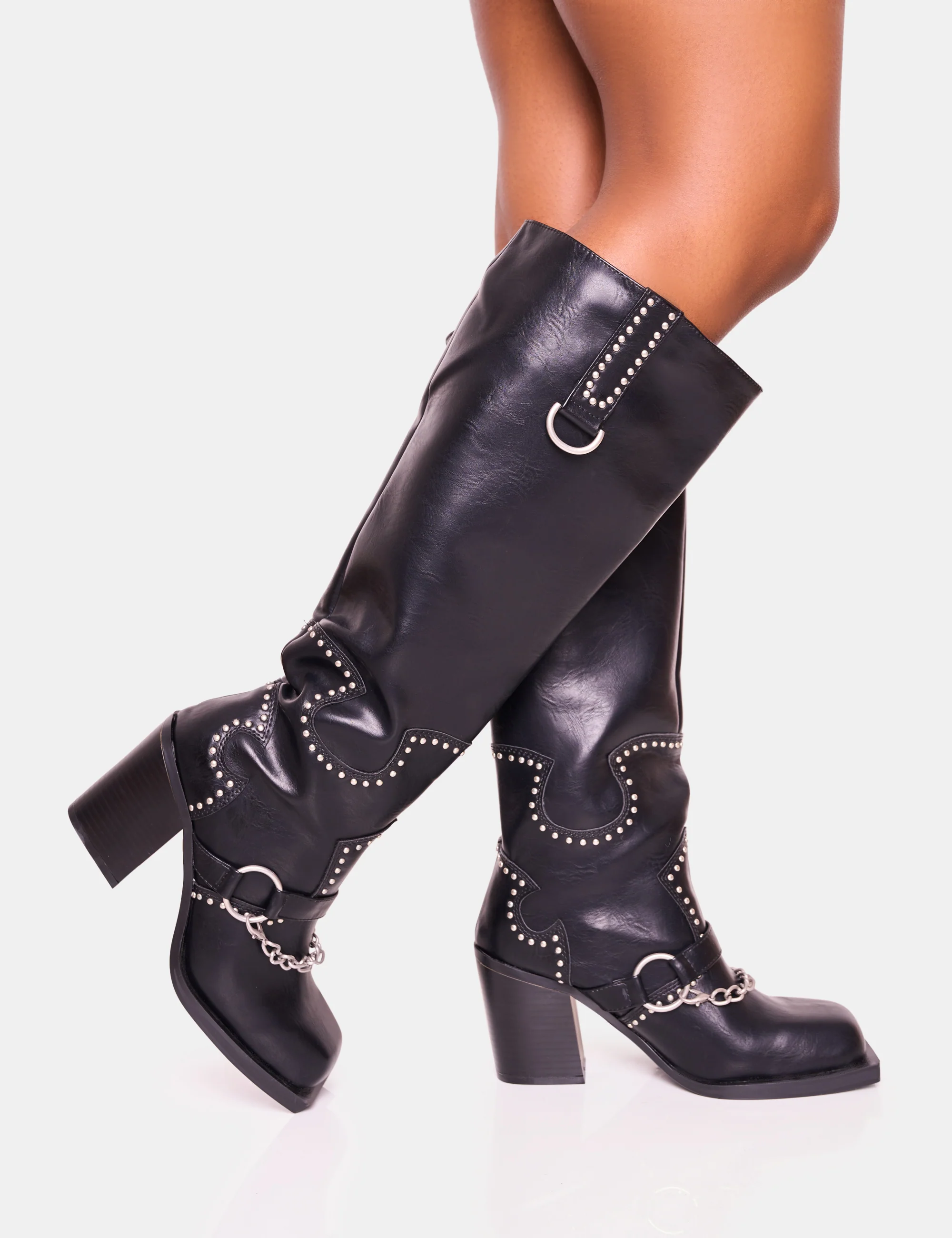 Nashville Wide Fit Black Western Studded Block Heel Knee High Boot - Image 4