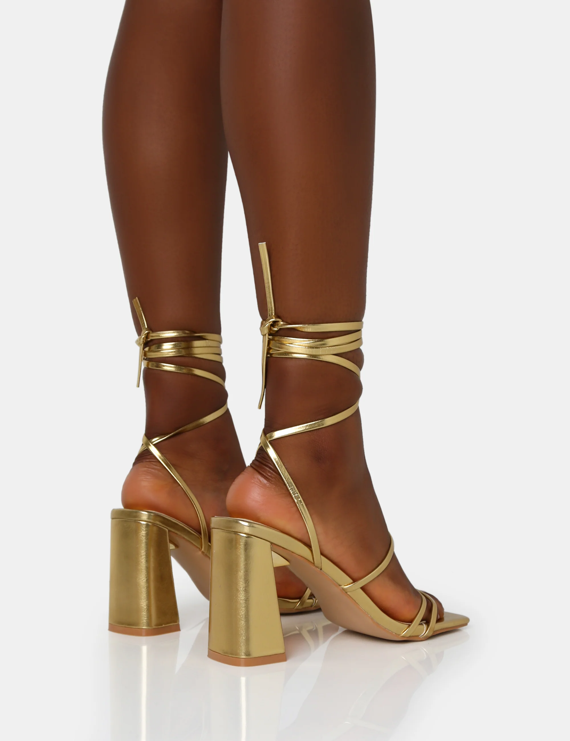 Natty Gold Pu Lace Up Square Toe Mid Block Heels - Image 4