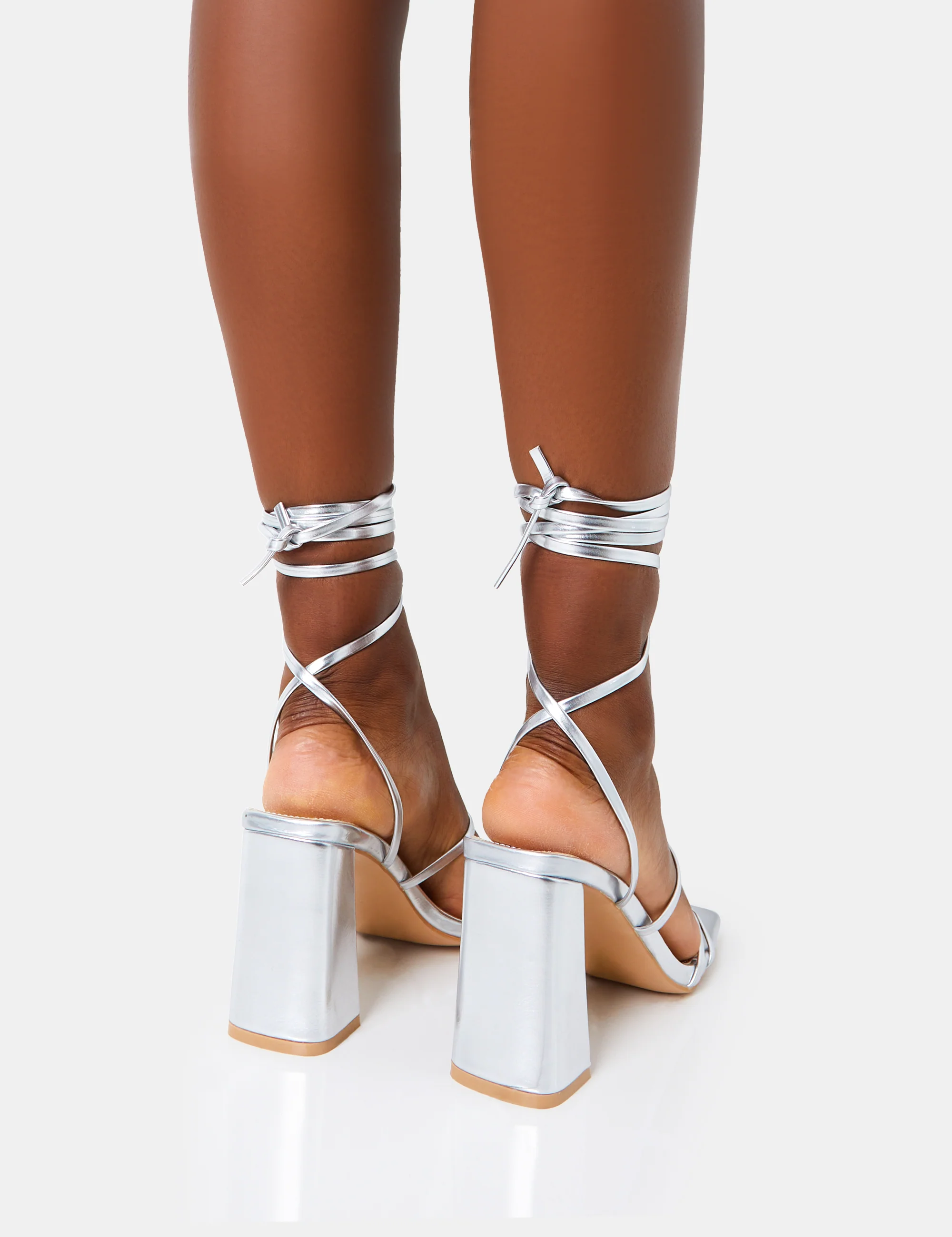 Natty Silver Pu Lace Up Square Toe Mid Block Heels - Image 4