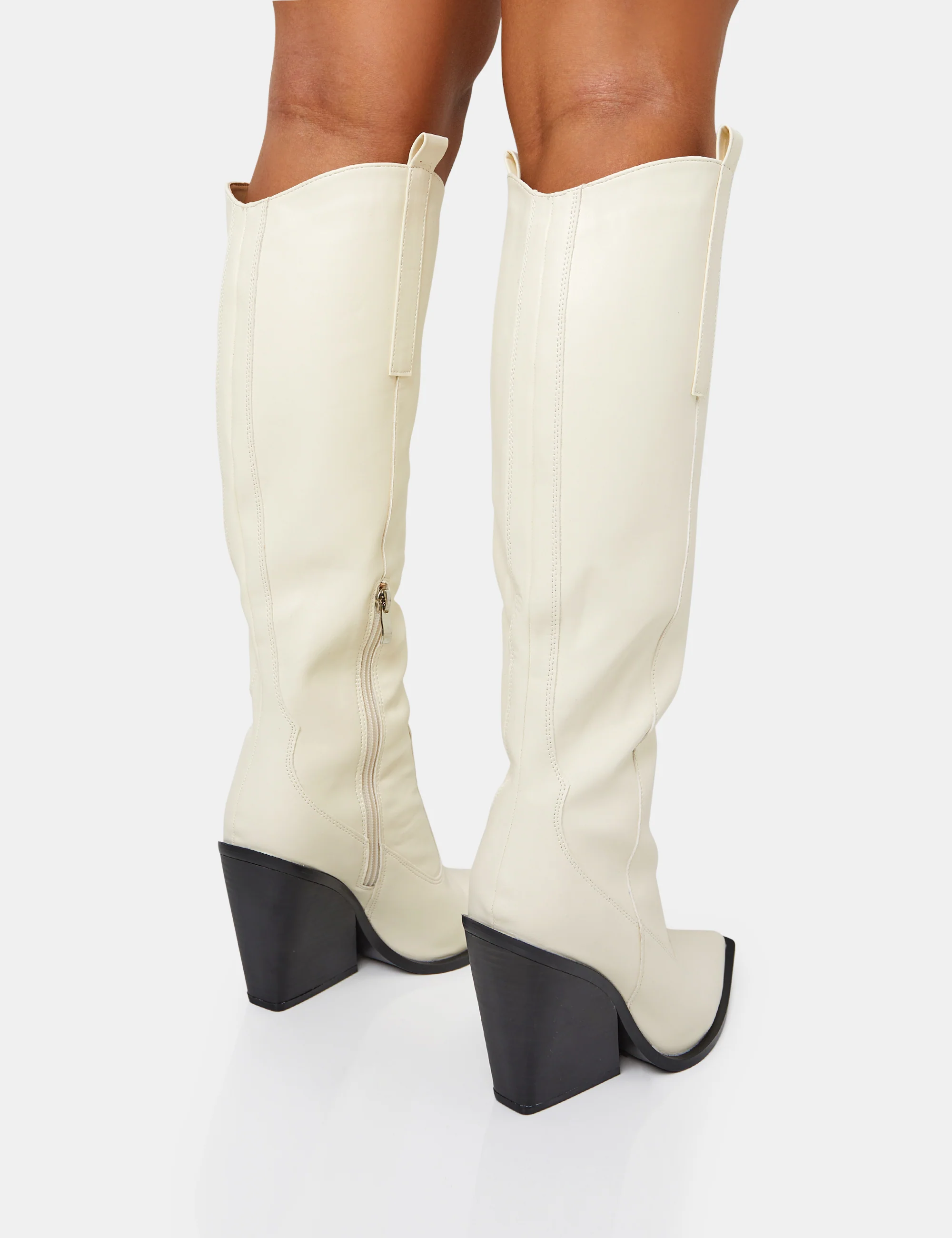 Nevada Ecru Western Cowboy Pointed Toe Block Heel Knee High Boots - Image 4