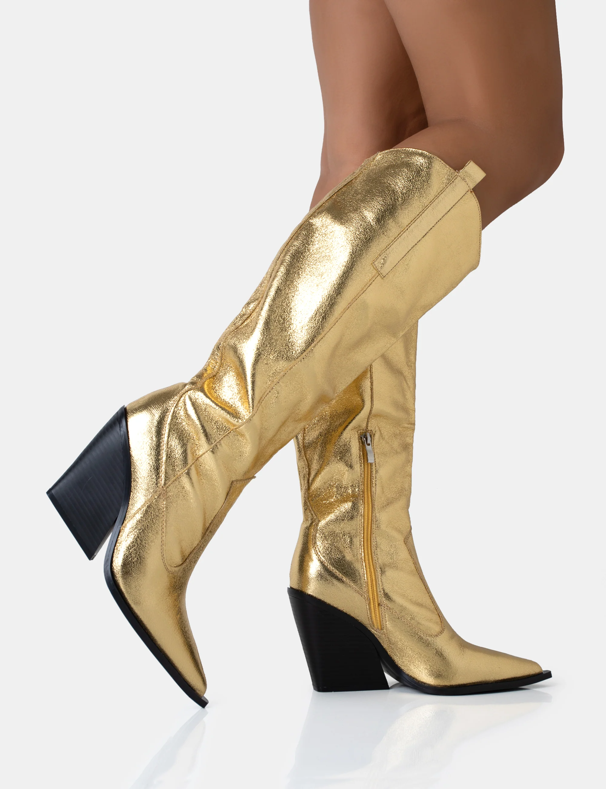 Nevada Gold Metallic Western Cowboy Block Heel Knee High Boots - Image 2