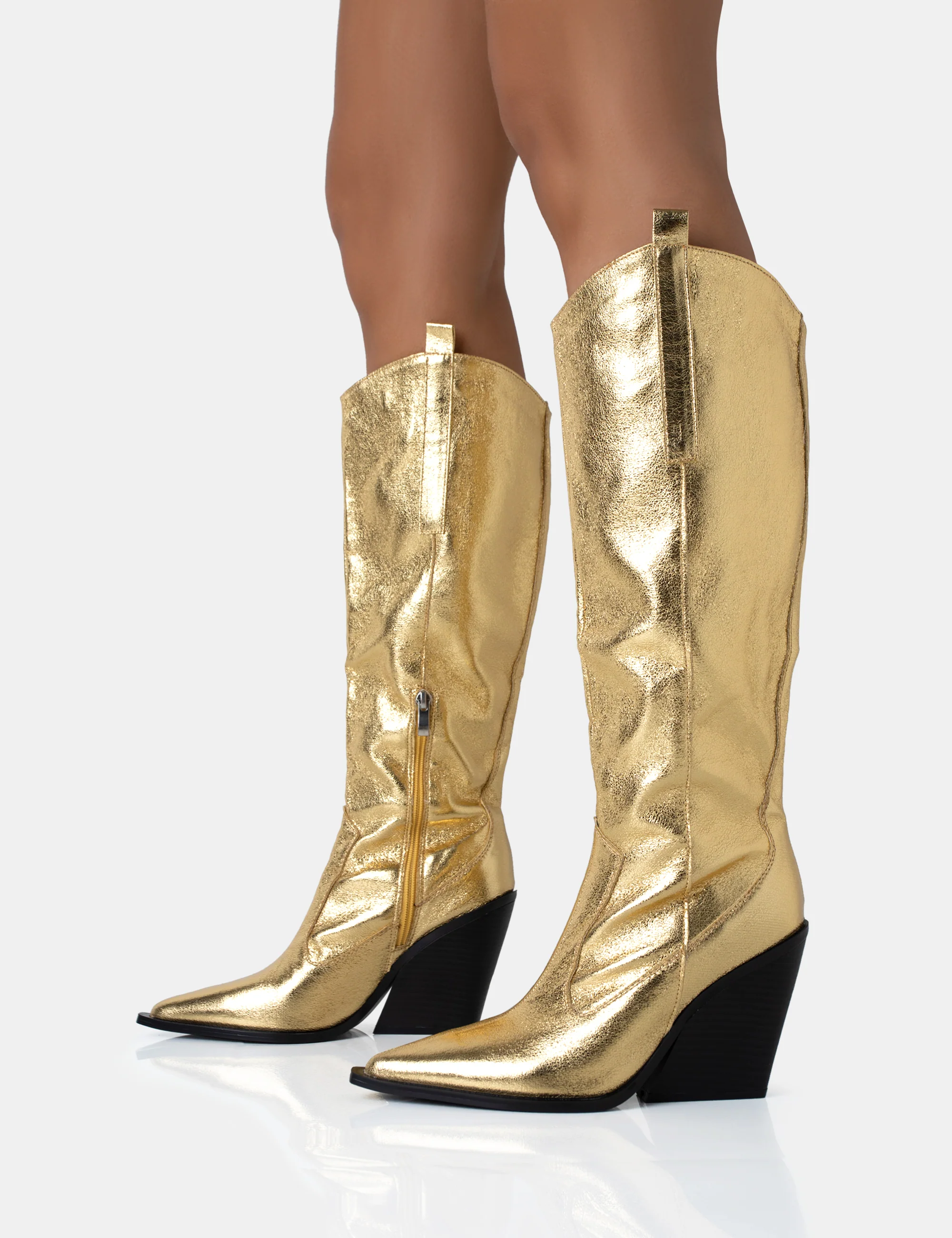 Nevada Gold Metallic Western Cowboy Block Heel Knee High Boots - Image 3