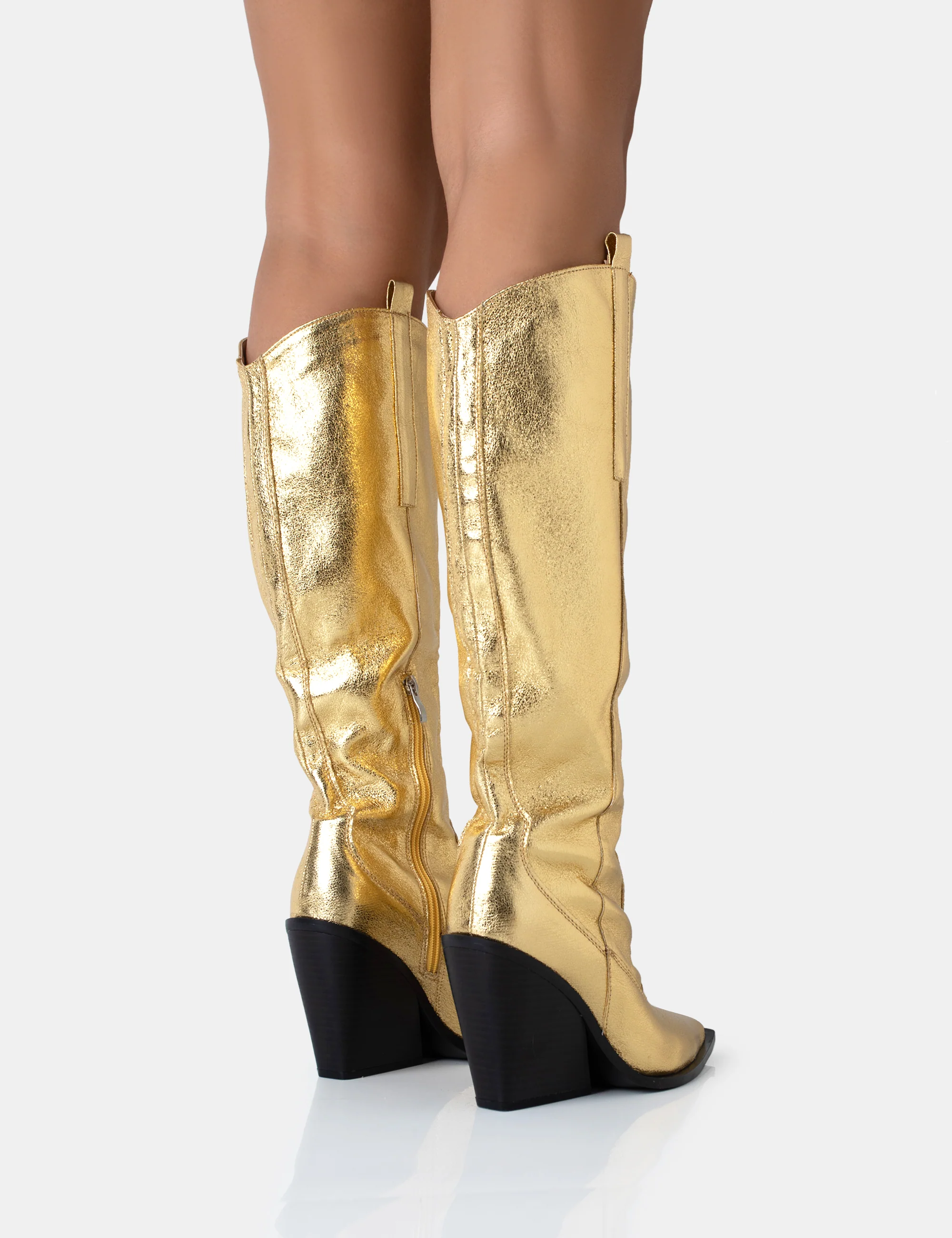 Nevada Gold Metallic Western Cowboy Block Heel Knee High Boots - Image 4