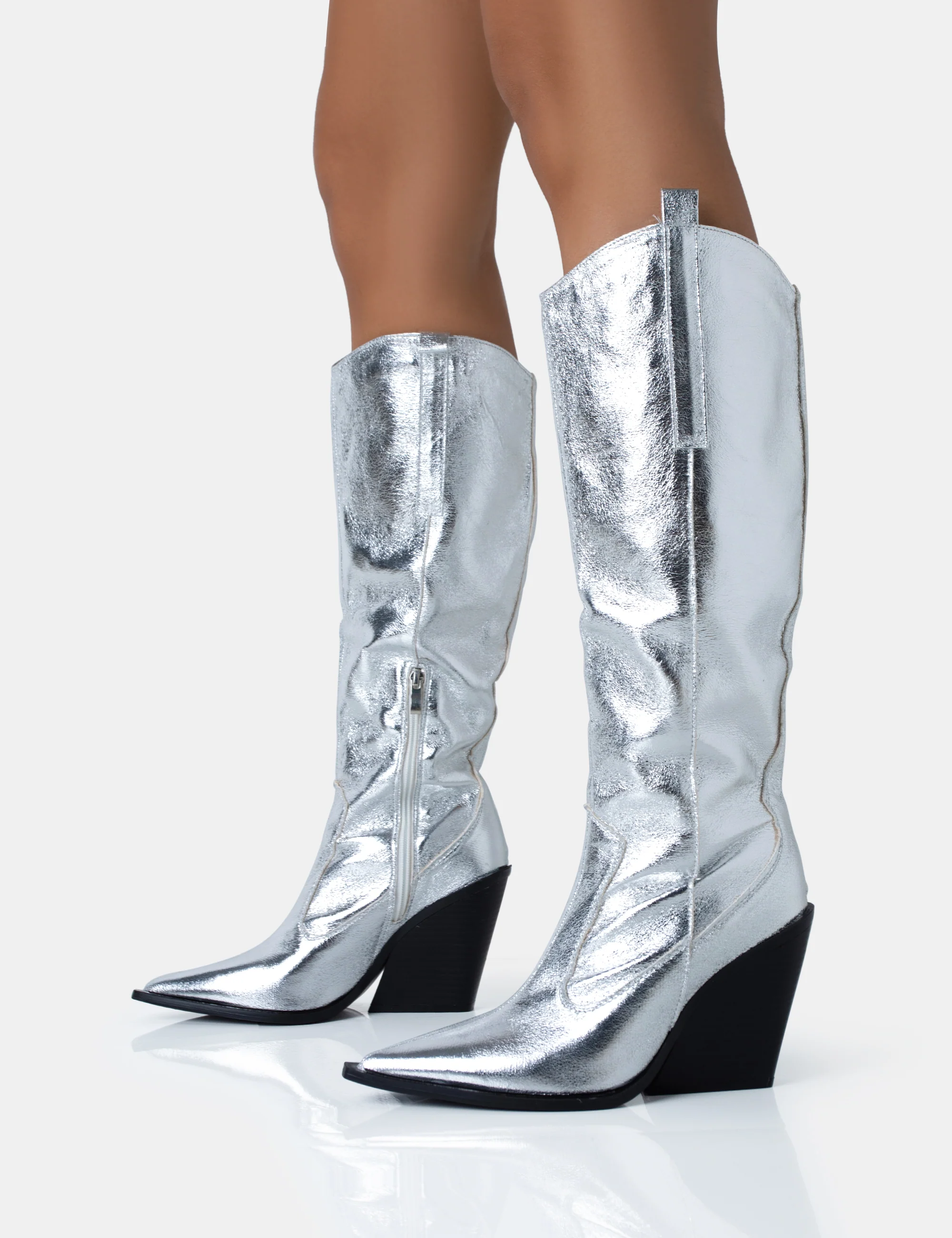 Nevada Silver Metallic Western Cowboy Block Heel Knee High Boots - Image 3