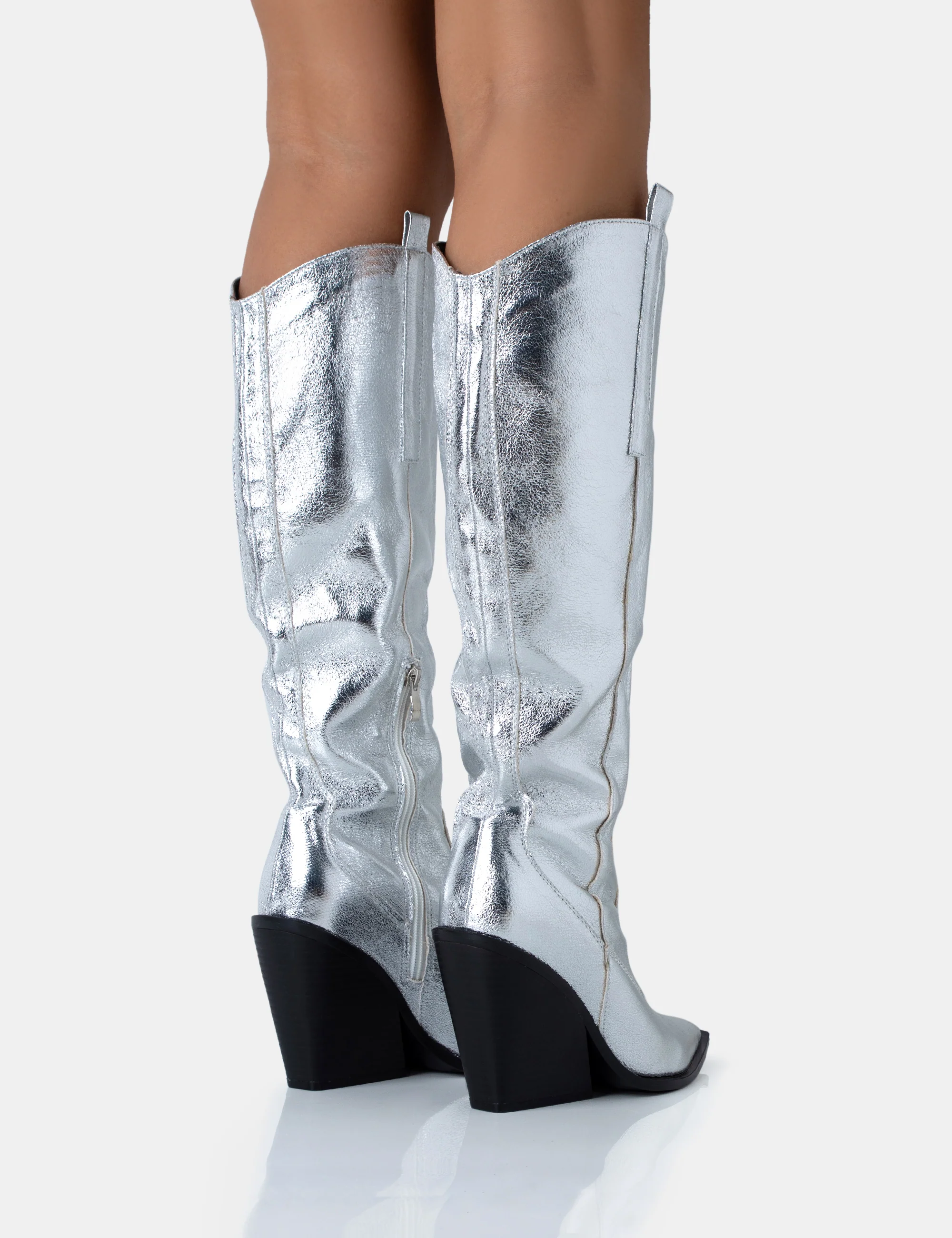 Nevada Silver Metallic Western Cowboy Block Heel Knee High Boots - Image 4