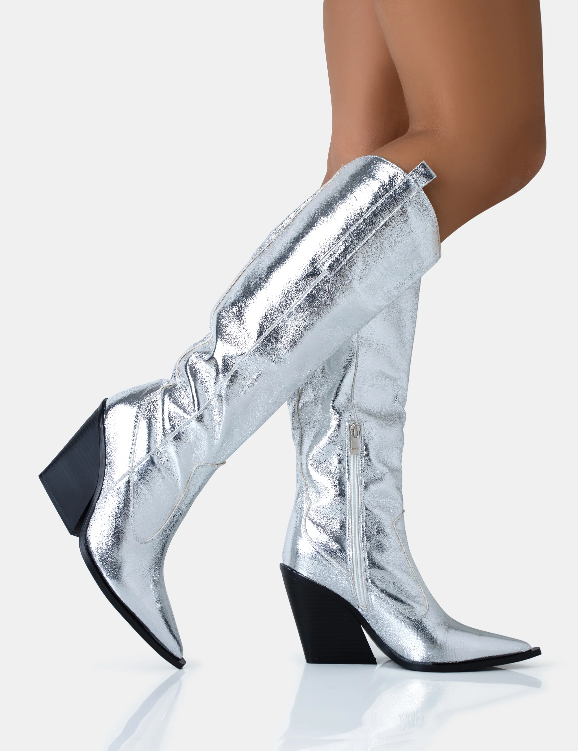 Nevada Silver Metallic Wide Fit Western Block Heel Knee High Boots - Image 3