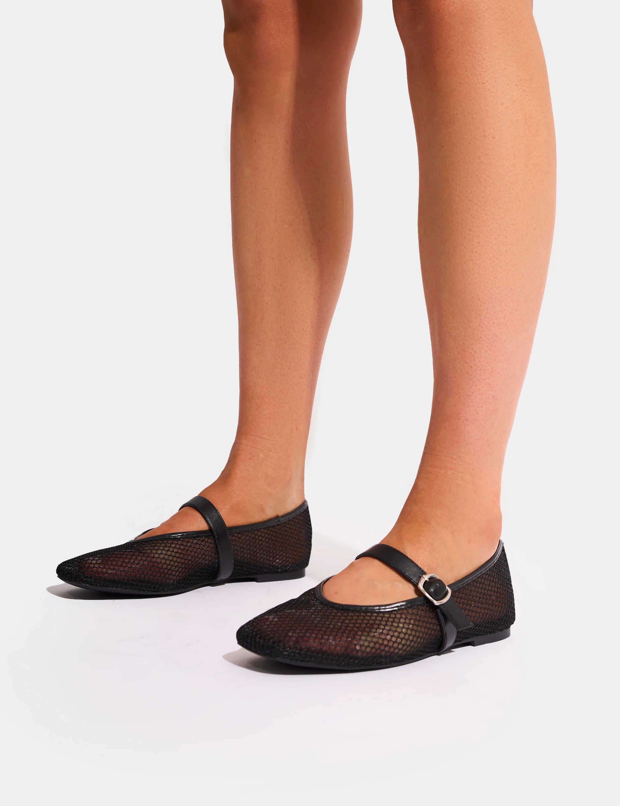 Nelly Black Mesh Buckle Strap Ballet Flat Pumps - Image 3