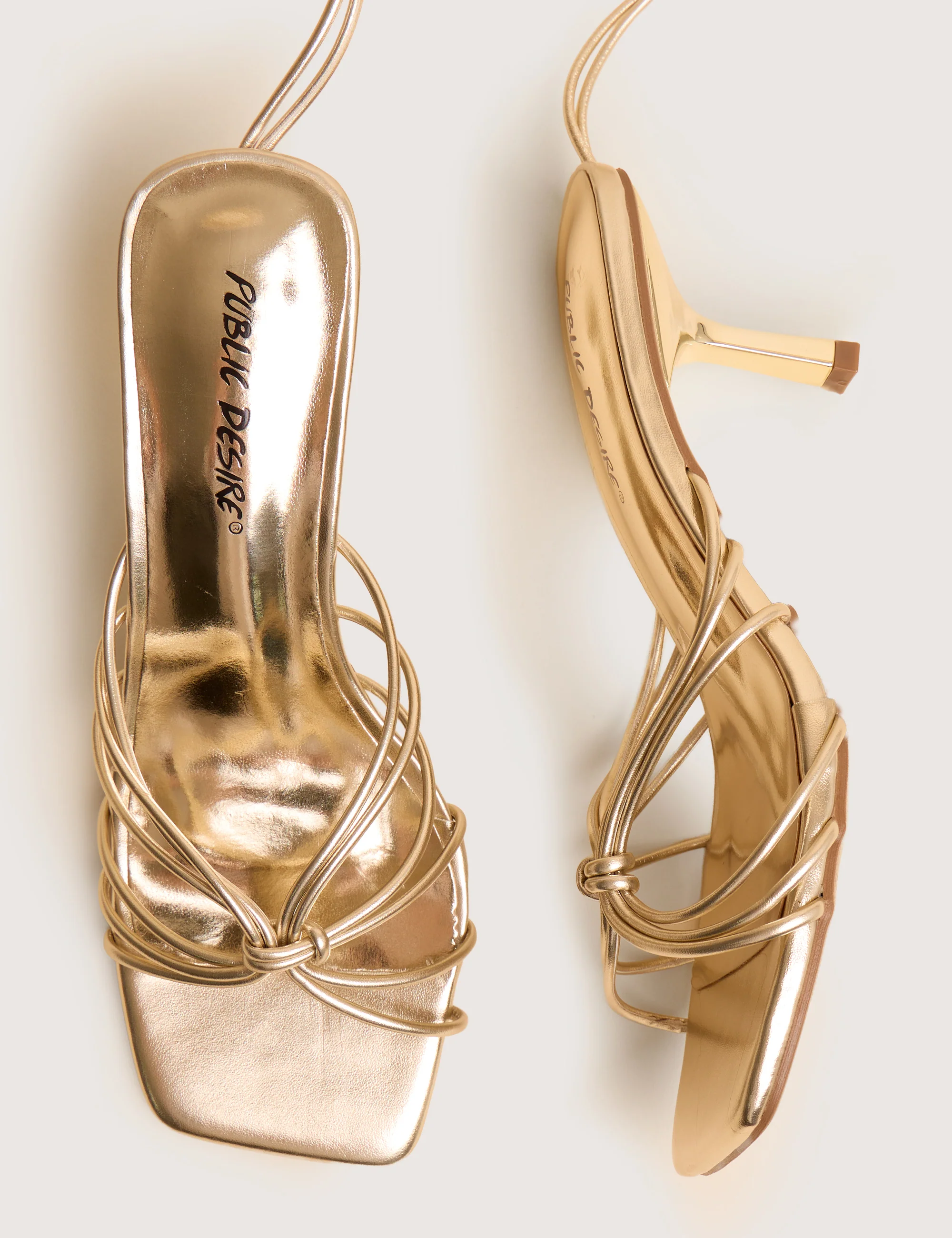 Nora Gold Pu Lace Up Strappy Mid Heels - Image 4