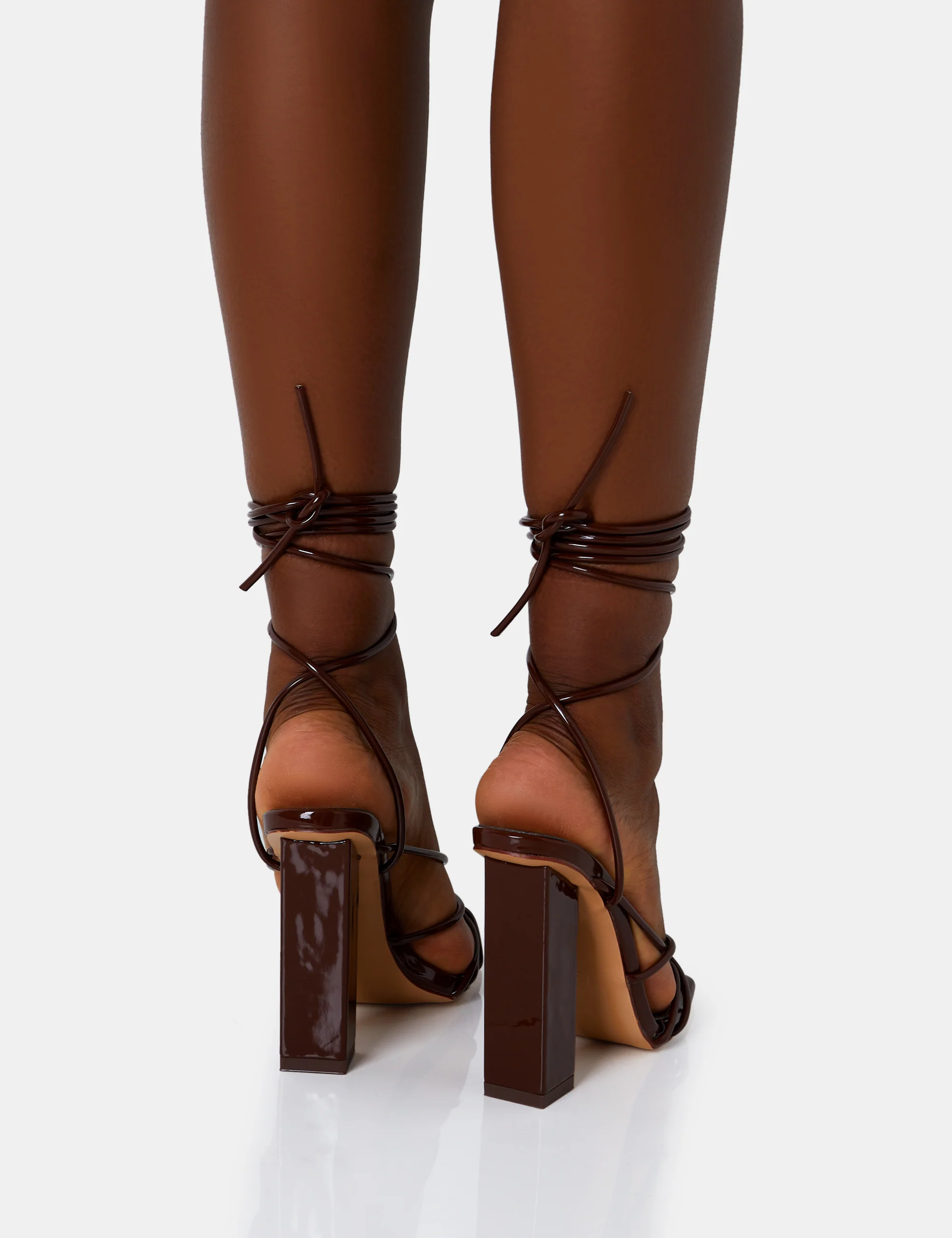 Nyla Chocolate Patent Strappy Lace Up Square Toe Block Heels - Image 3