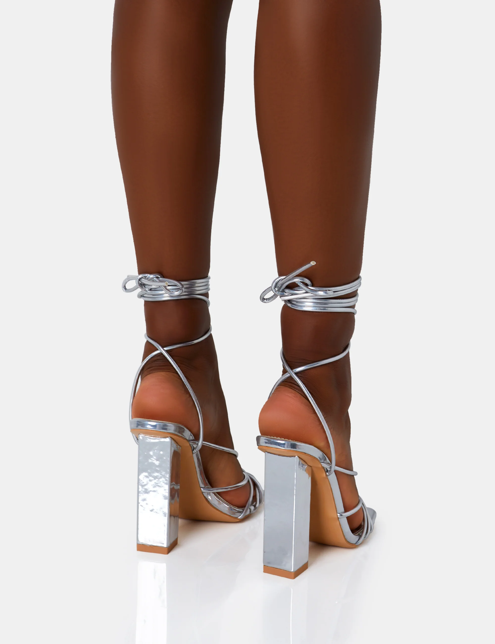 Nyla Wide Fit Silver Mirror Strappy Lace Up Square Toe Block Heels - Image 4