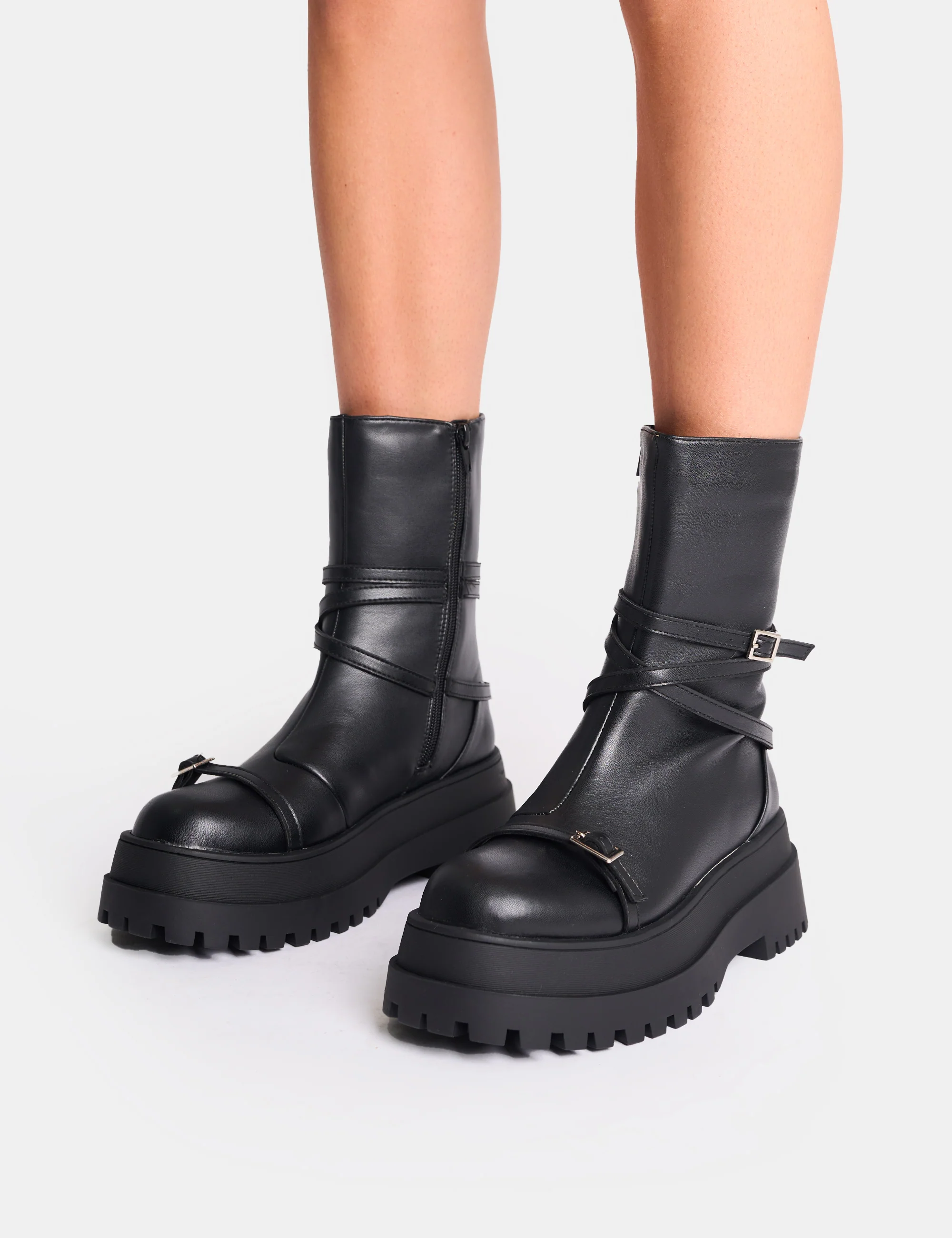 Odessa Black Multi Strap Detail Chunky Sole Ankle Boots - Image 4