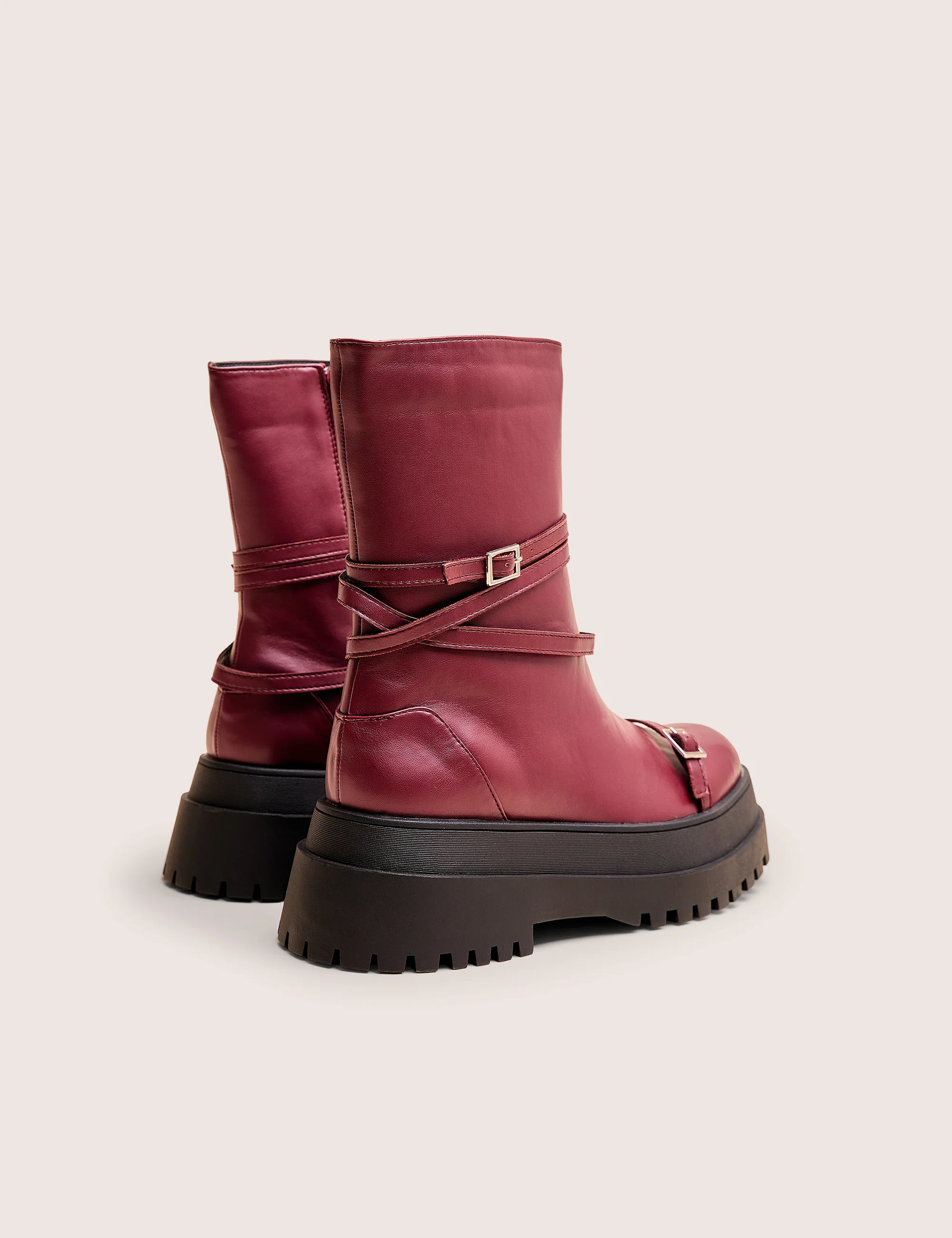 Odessa Burgundy Multi Strap Detail Chunky Sole Ankle Boots - Image 3