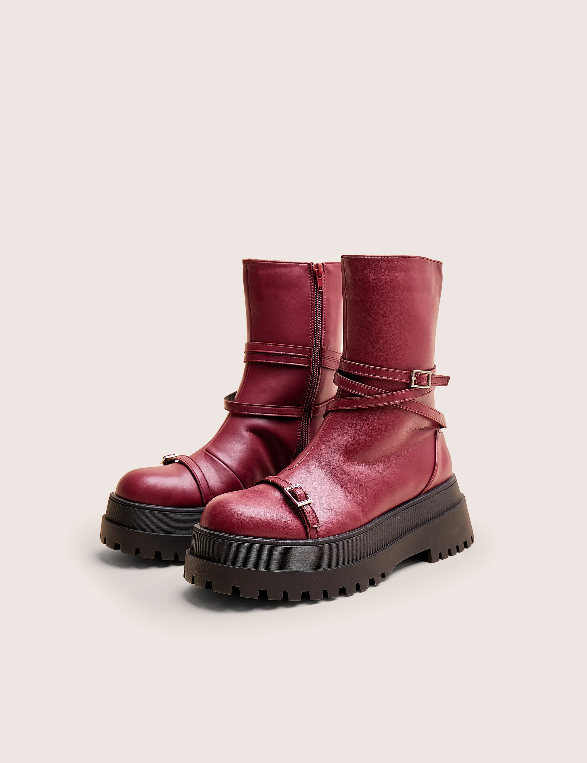 Odessa Burgundy Multi Strap Detail Chunky Sole Ankle Boots - Image 4