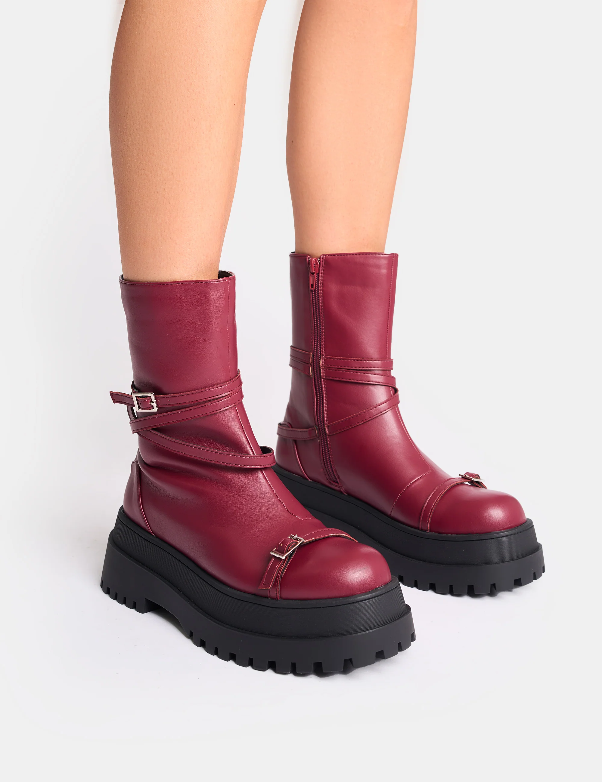 Odessa Burgundy Multi Strap Detail Chunky Sole Ankle Boots - Image 6
