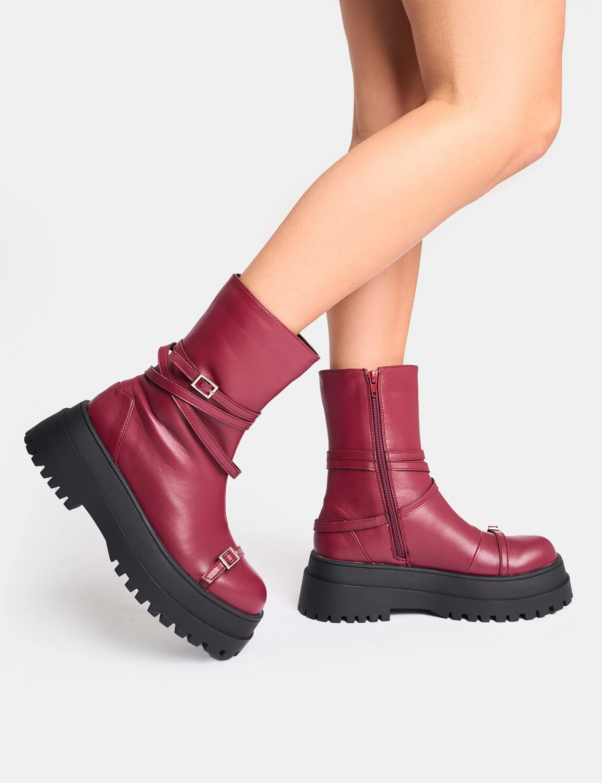 Odessa Burgundy Multi Strap Detail Chunky Sole Ankle Boots - Image 7