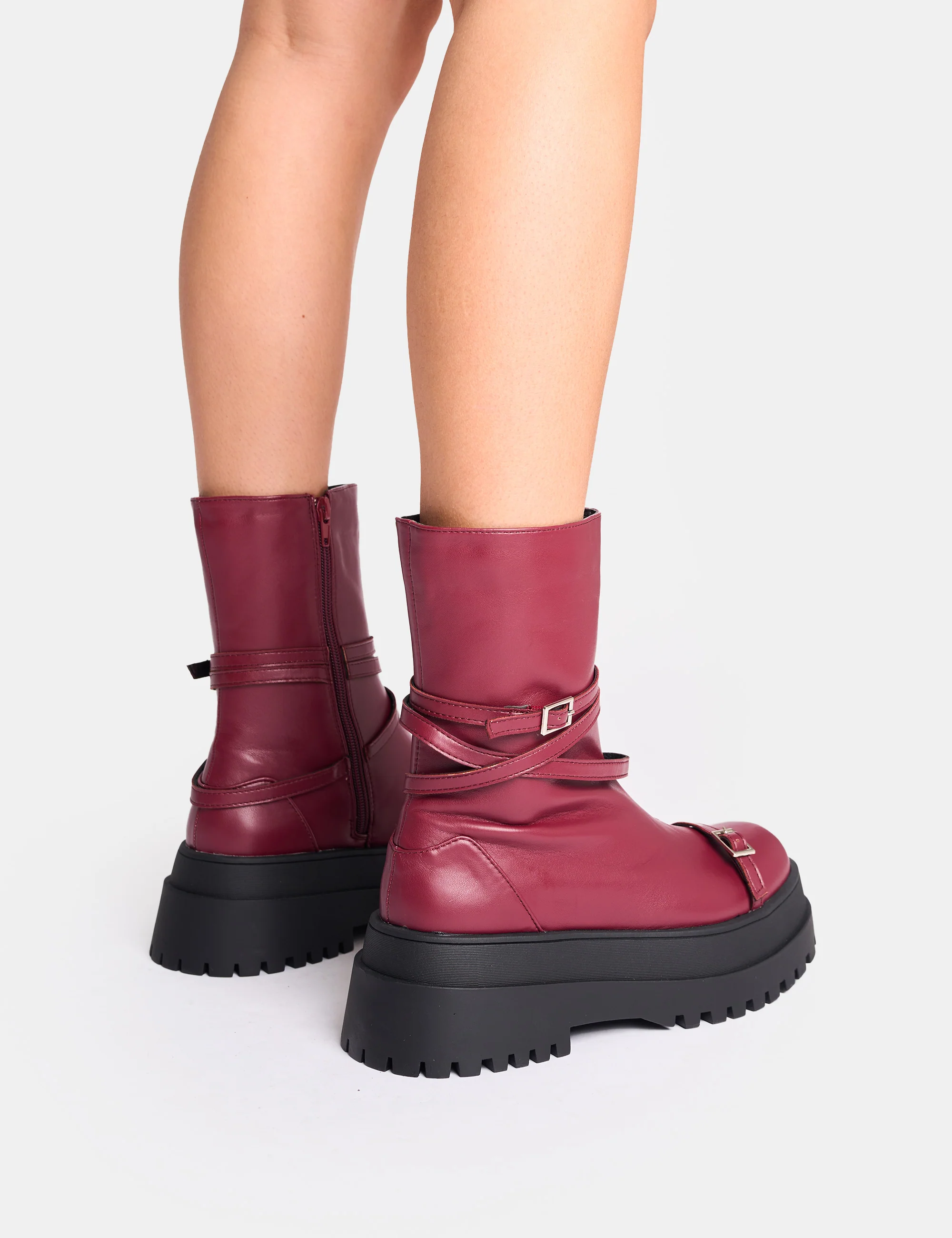 Odessa Burgundy Multi Strap Detail Chunky Sole Ankle Boots - Image 8