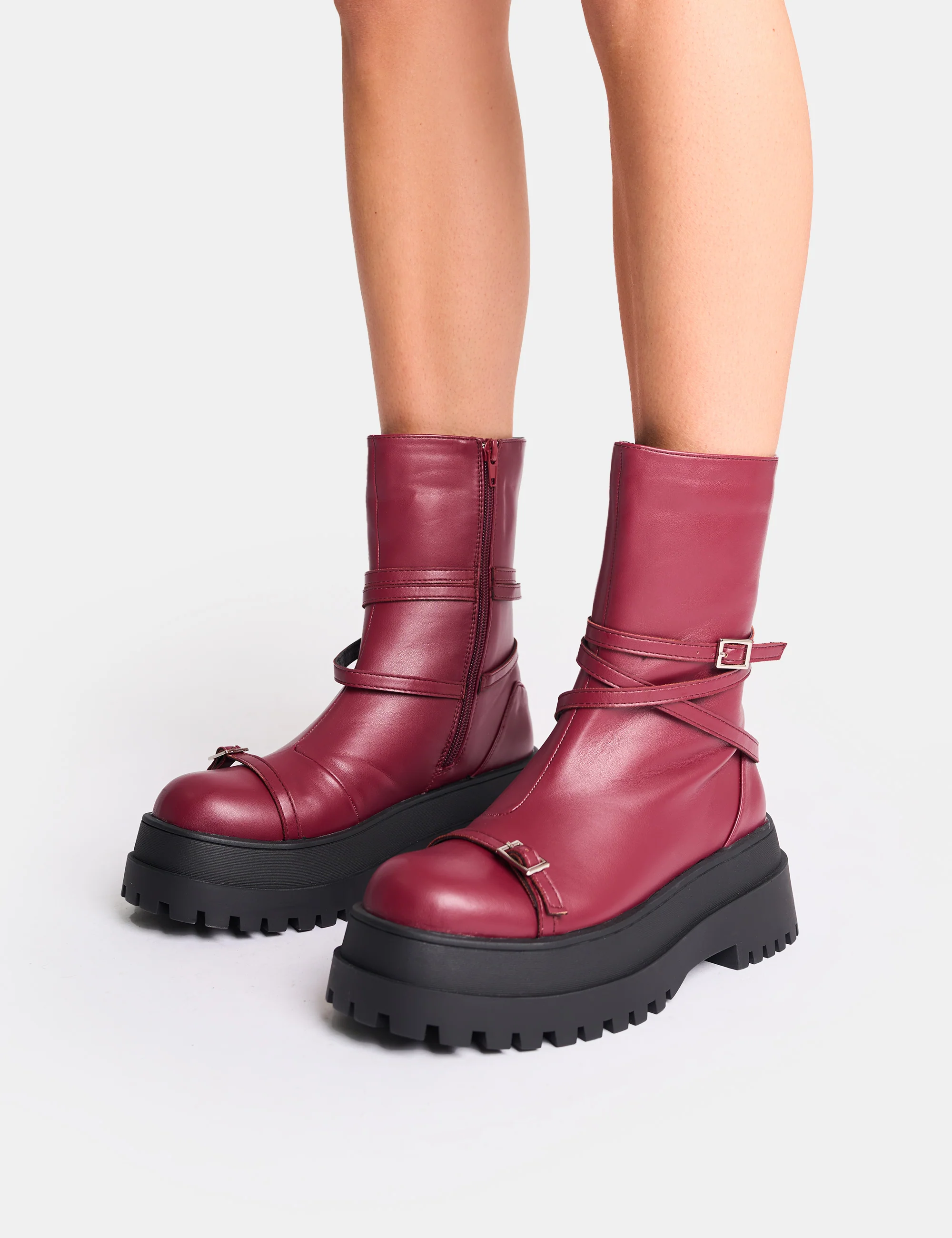 Odessa Burgundy Multi Strap Detail Chunky Sole Ankle Boots - Image 9