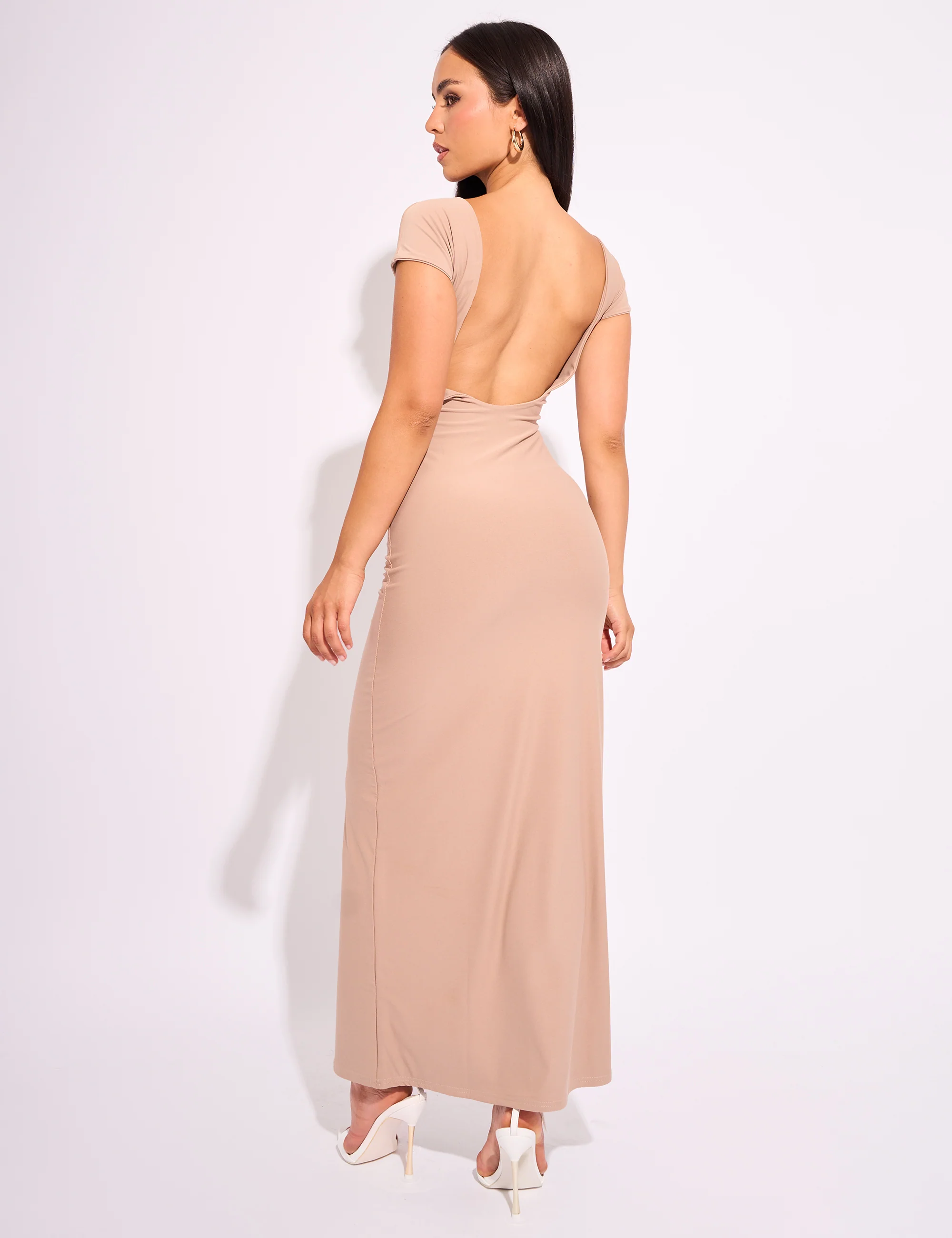 Slinky Open Back Detail Luxe Maxi Dress Stone - Image 2