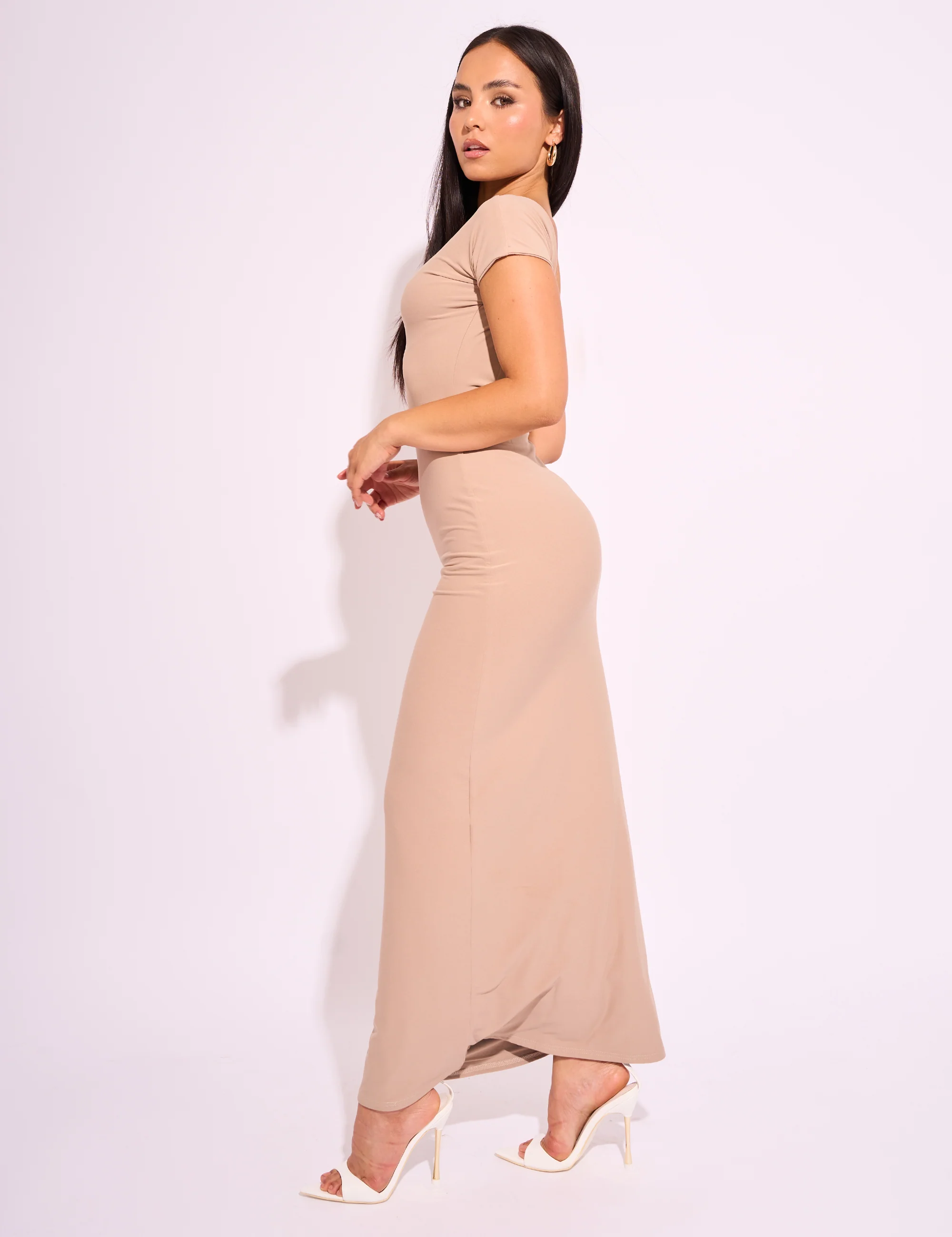 Slinky Open Back Detail Luxe Maxi Dress Stone - Image 3