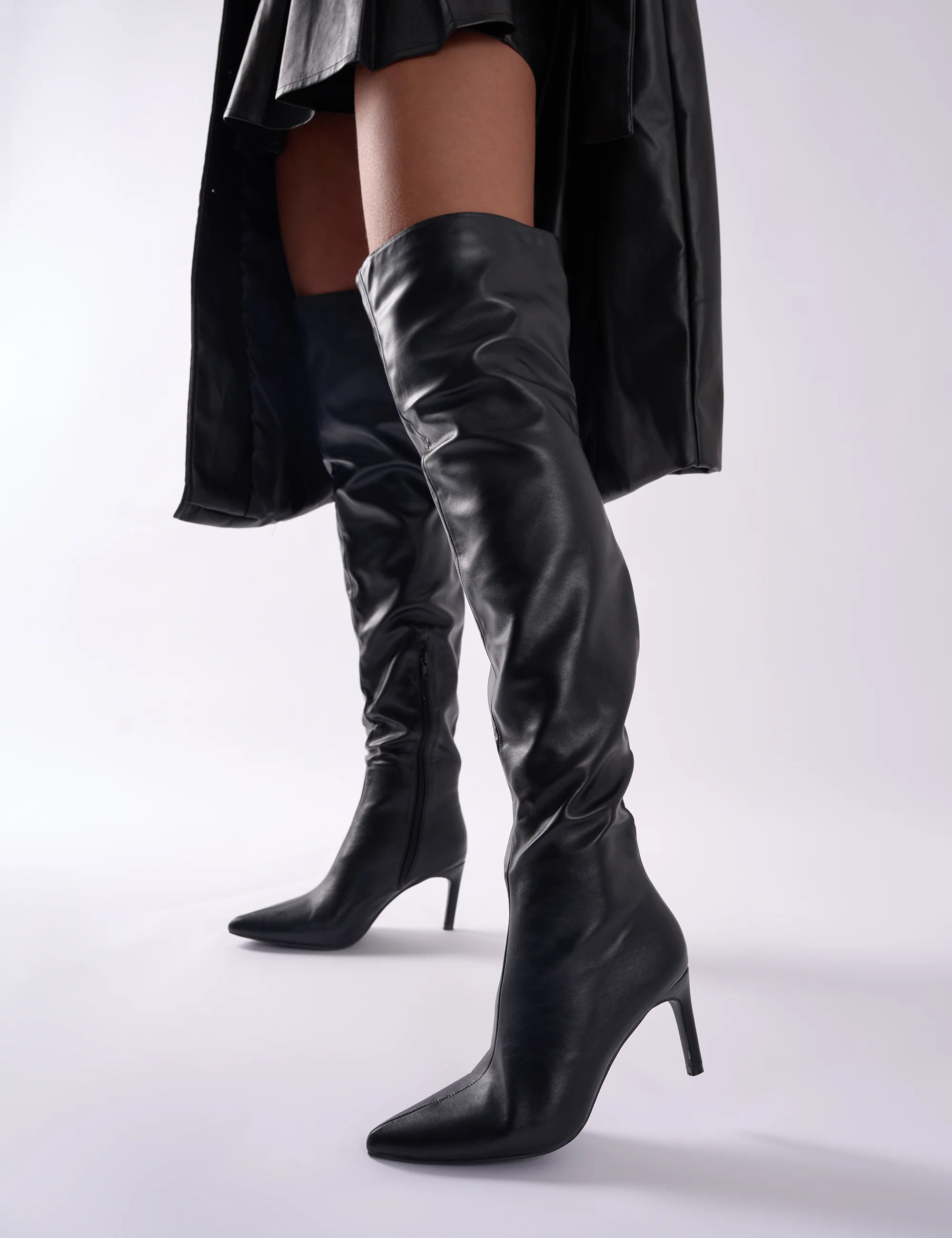 Orton Black Pu Over The Knee Mid Heel Pointed Toe Boots - Image 6