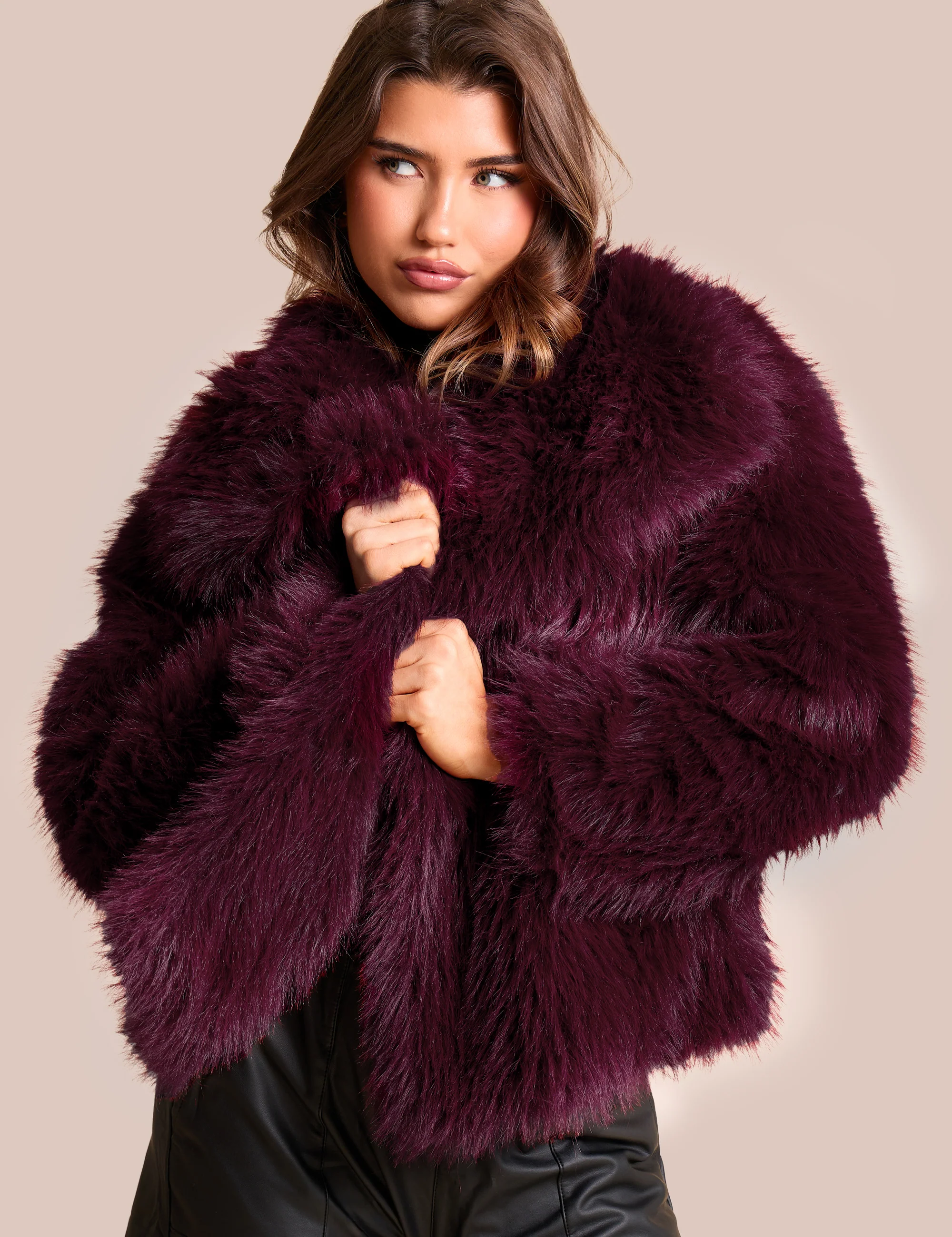 Oversized Collar Faux Fur Jacket Plum - Image 2