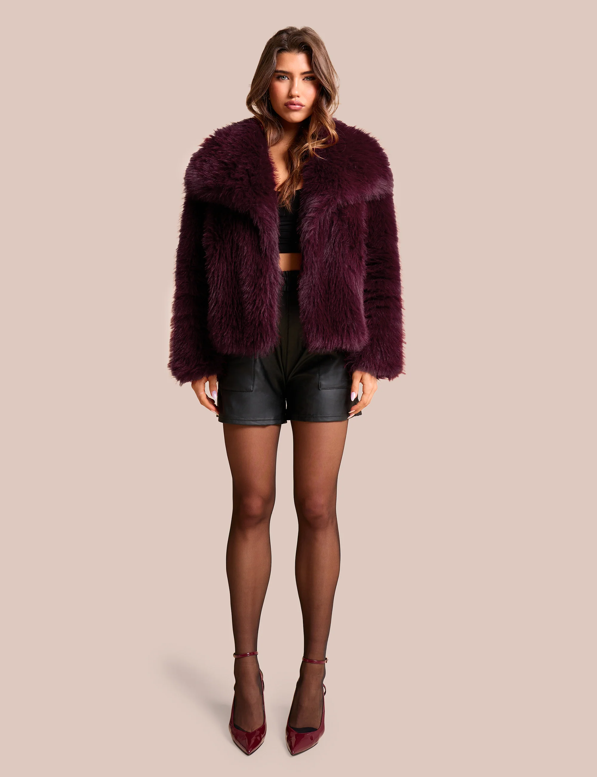 Oversized Collar Faux Fur Jacket Plum - Image 3