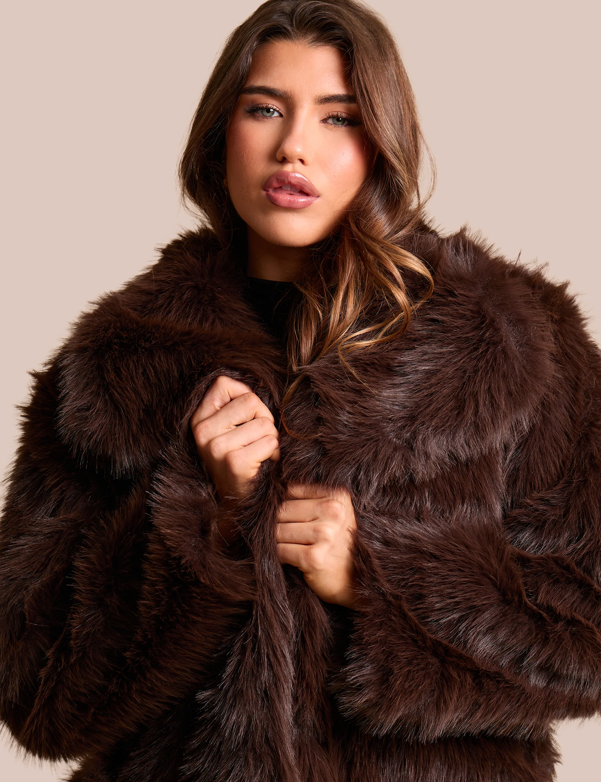 Oversized Collar Faux Fur Jacket Chocolate - Image 2