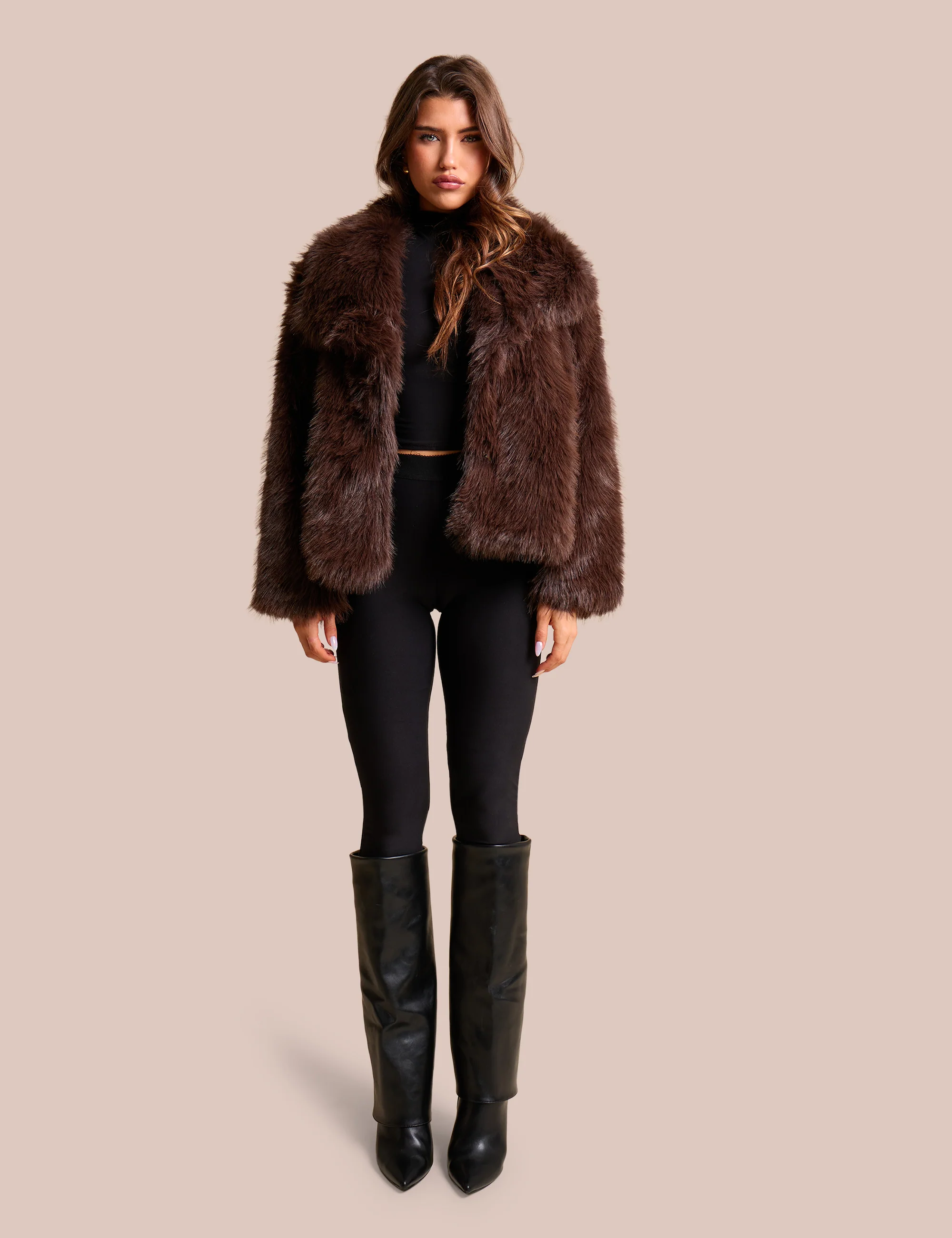Oversized Collar Faux Fur Jacket Chocolate - Image 4