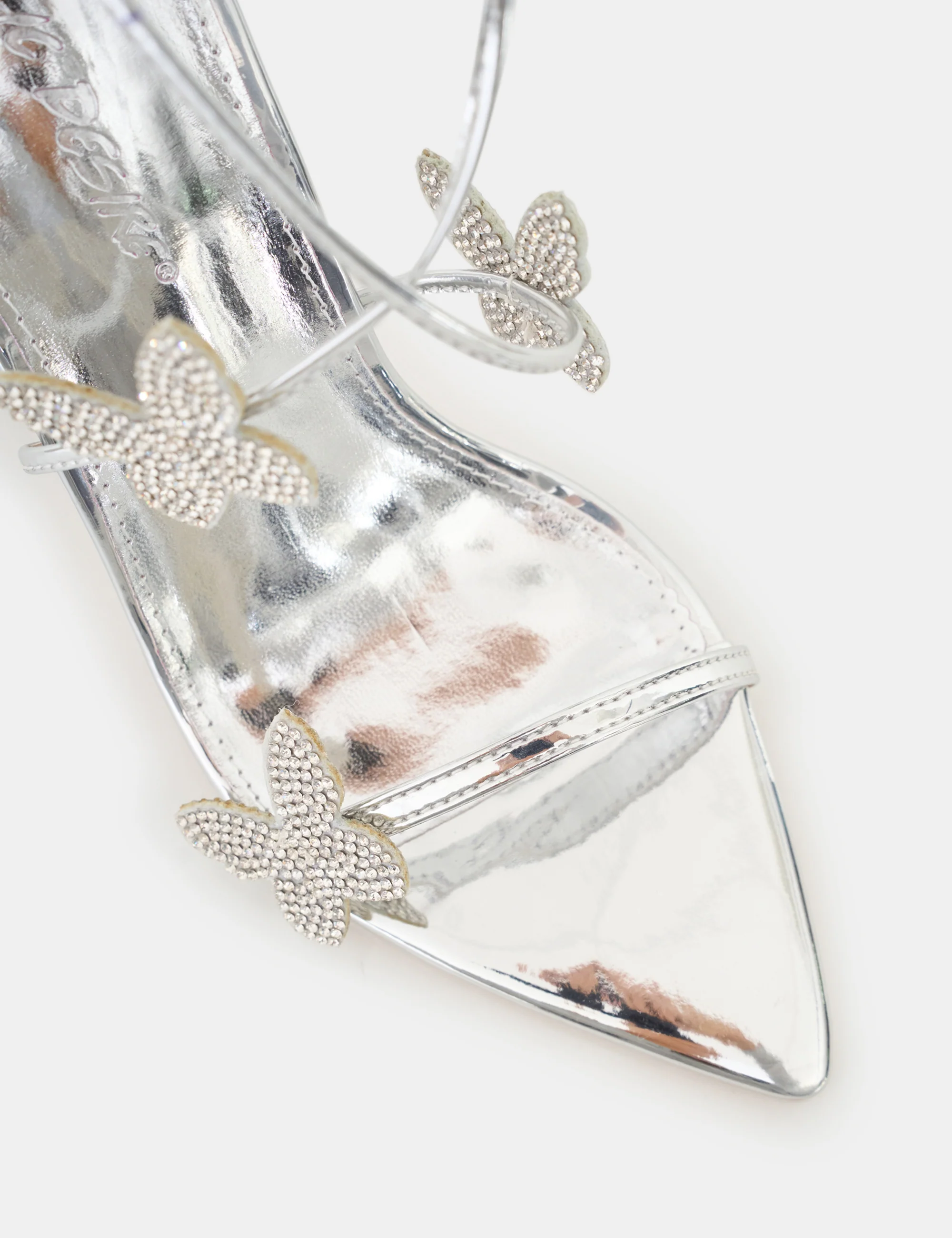 Pageant Queen Silver Mirror Diamante Butterfly Detail Lace Up Pointed Toe High Heels - Image 10