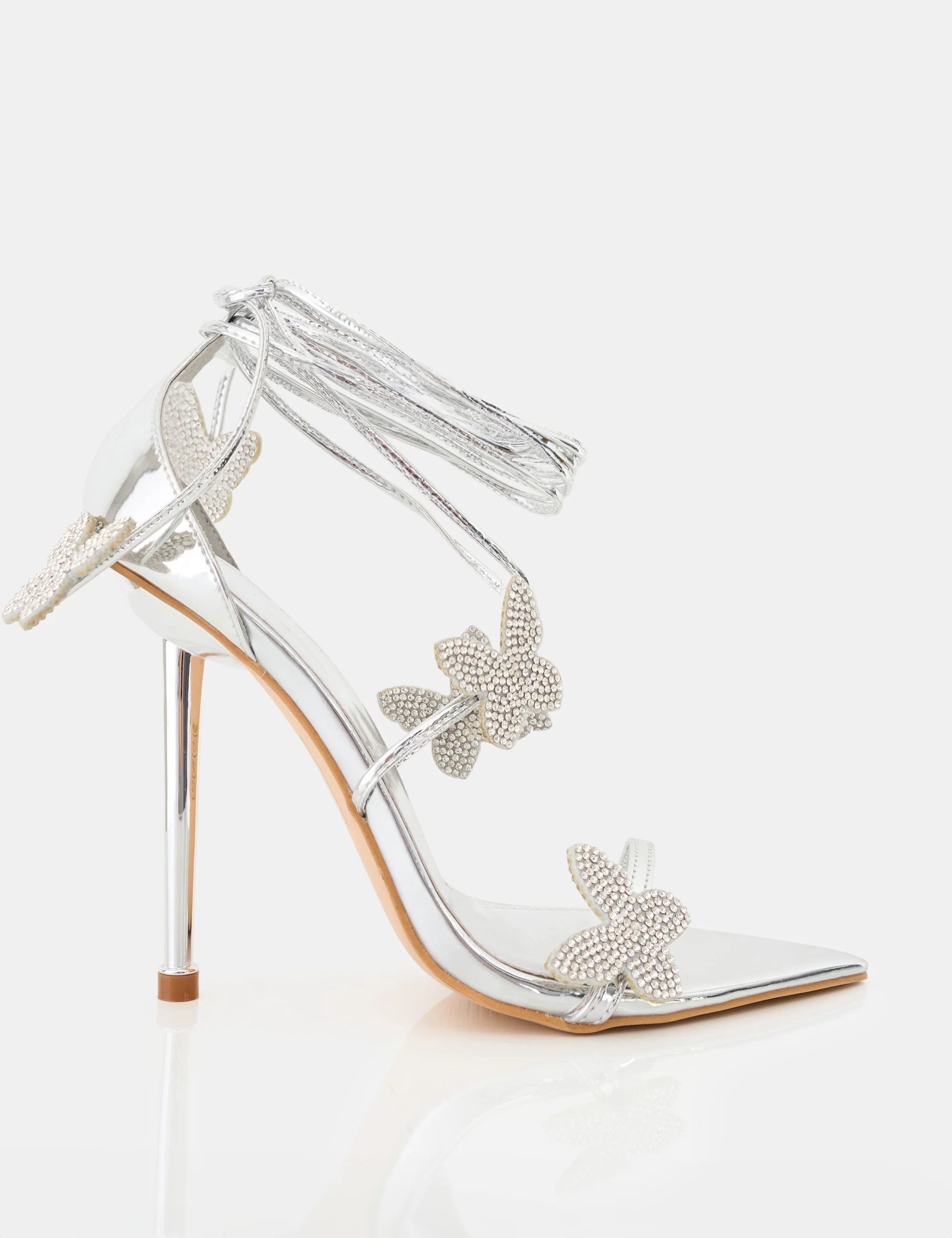 Pageant Queen Silver Mirror Diamante Butterfly Detail Lace Up Pointed Toe High Heels - Image 7