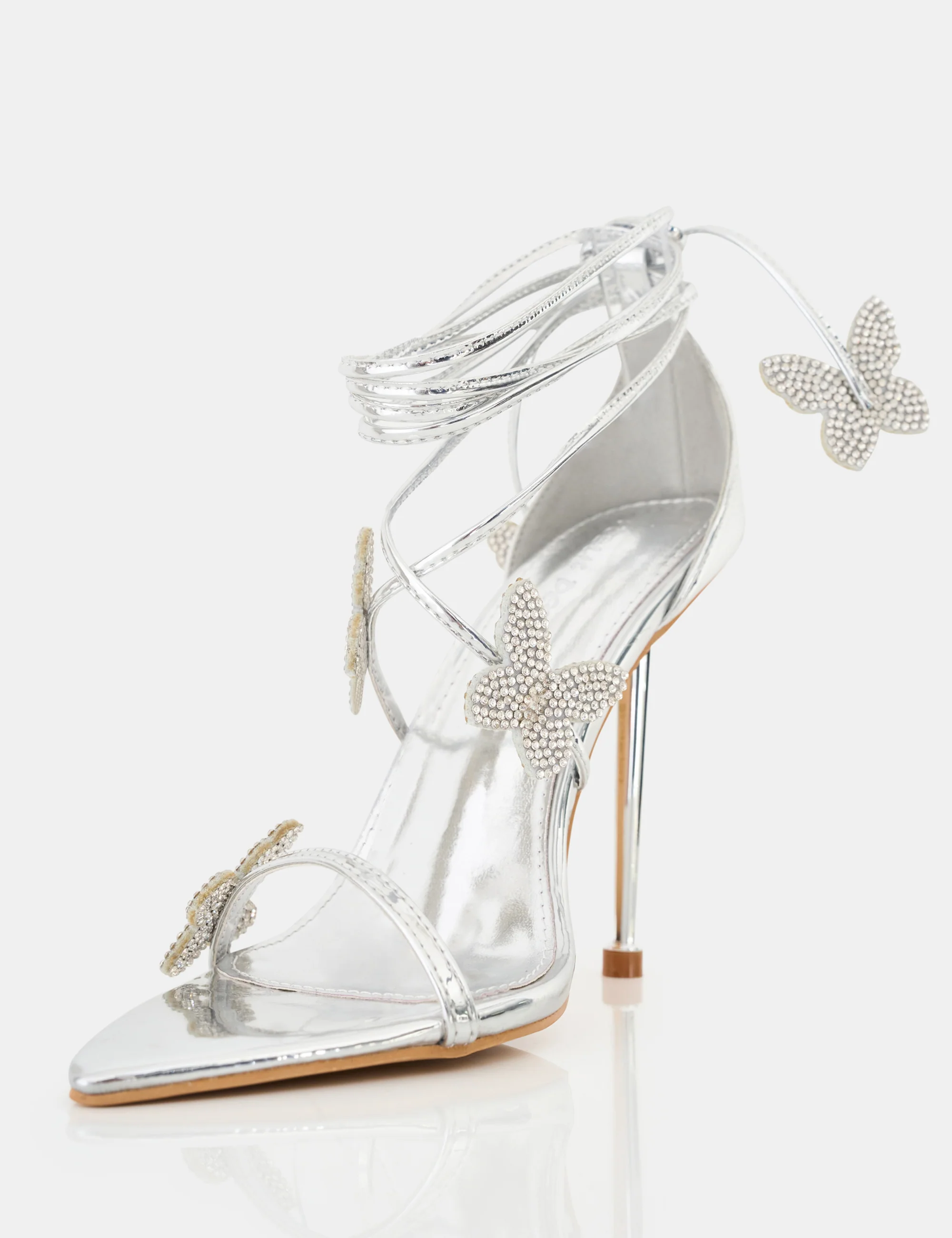 Pageant Queen Silver Mirror Diamante Butterfly Detail Lace Up Pointed Toe High Heels - Image 8
