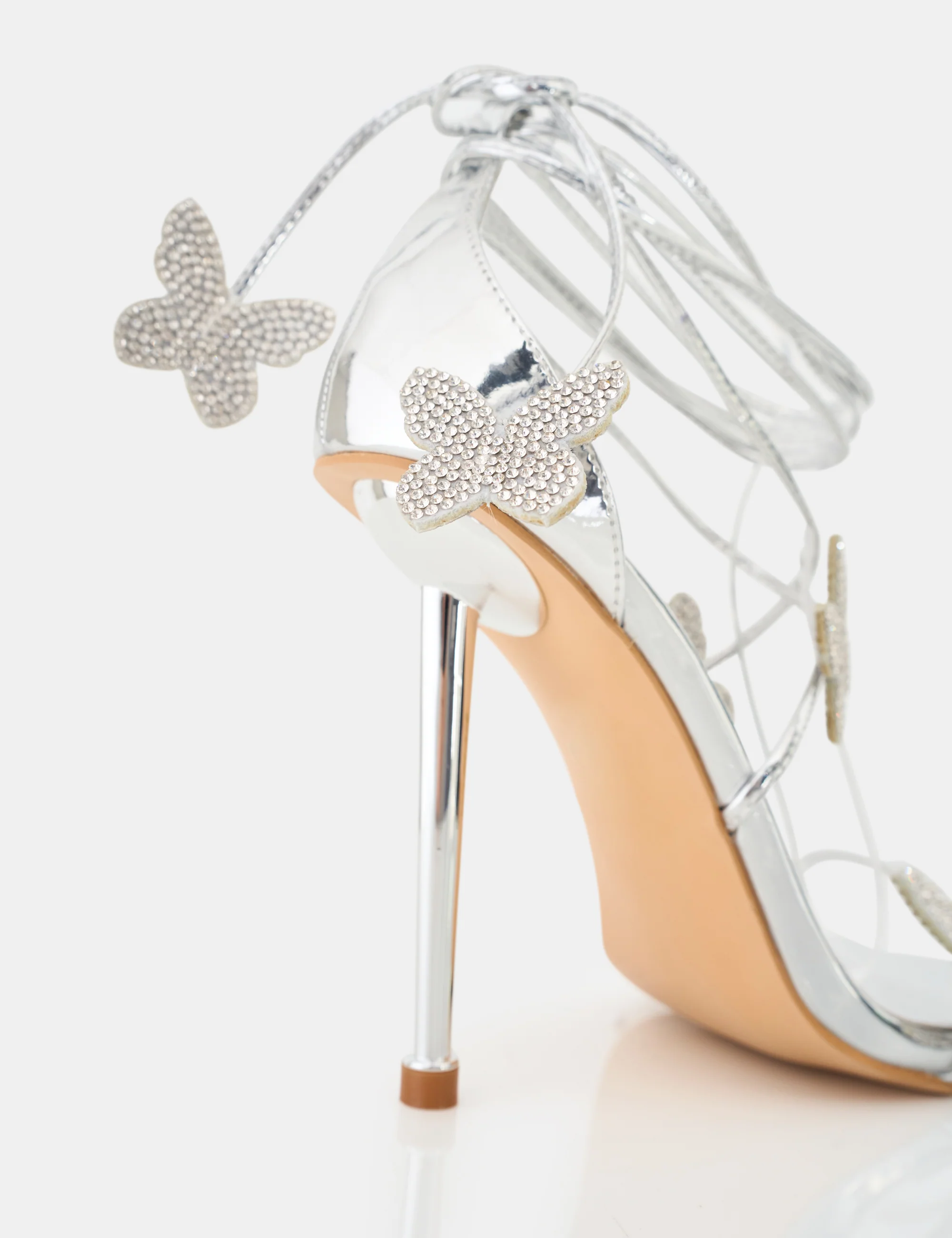 Pageant Queen Silver Mirror Diamante Butterfly Detail Lace Up Pointed Toe High Heels - Image 9