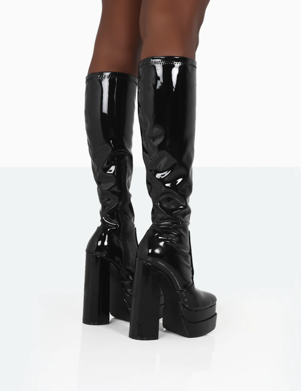 Passive Black Square Toe Platform Block High Heel Over The Knee Boots - Image 4